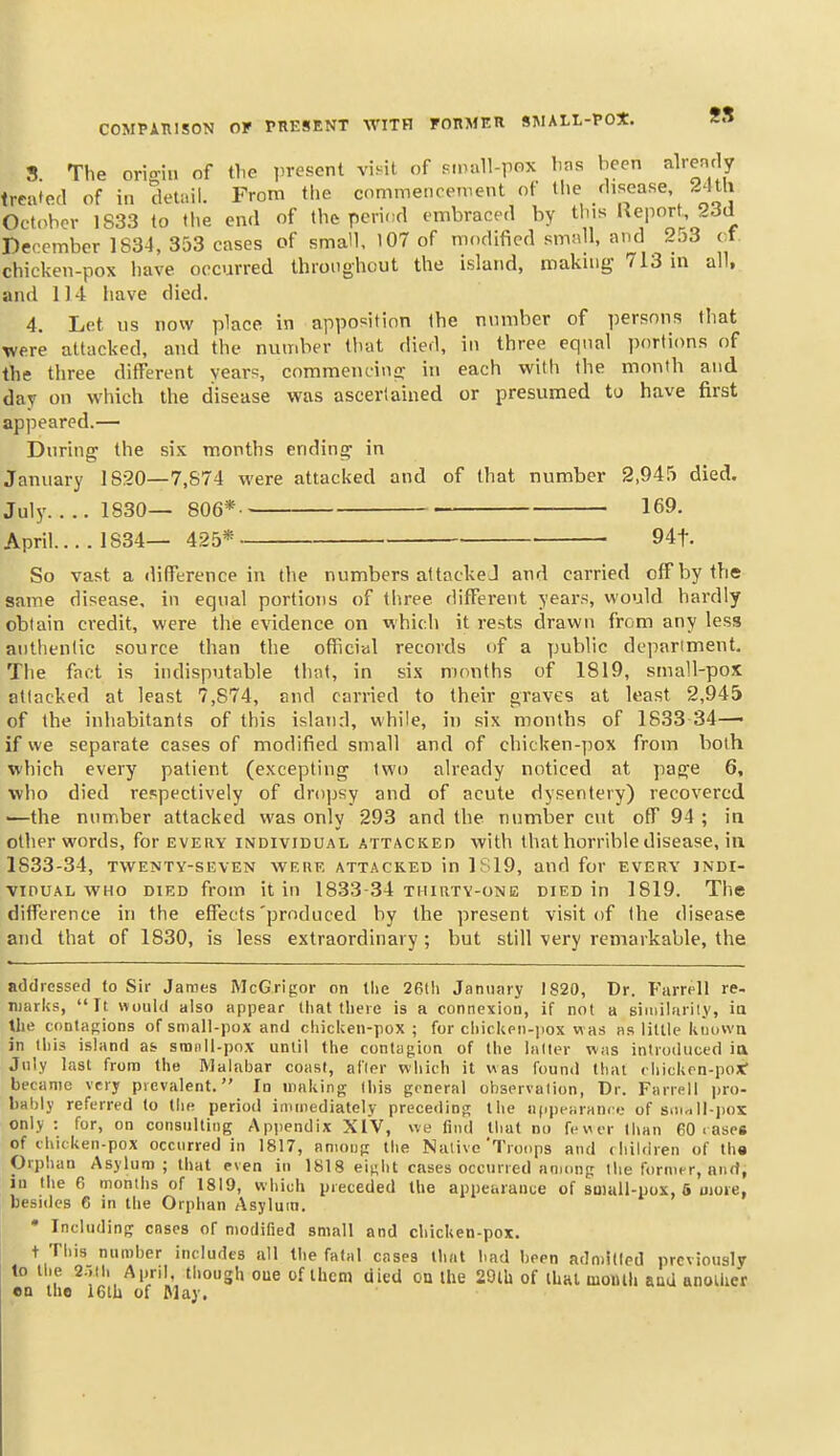 3. The orio-in of tl.e present vinit of stnall-pox lias been alrently treated of in detail. From tlie commencement of the chsease, 24th October 1S33 to the end of the pcri.id embraced by this Ueport 2Jd December 1834, 353 cases of small, 107 of modified small, an^d 2j3 ct chicken-pox have occurred throughout the island, making 713 in all, and 114 Iiave died. 4. Let us now place in apposition the number of persons that were attacked, and the number that died, in three equal portions of the three different vear?;, commencin;}: in each with the month and day on which the disease was ascertained or presumed to have first appeared.— During the six months ending in January 1820—7,874 were attacked and of that number 2,945 died. July 1830— 806* 169. April.. . 1834— 425* 94t. So vast a difference in the numbers at tacke J and carried offbyfhe same disease, in equal portions of three different years, would hardly obtain credit, were the evidence on which it rests drawn from any less authentic source than the official records of a public department. The fact is indisputable that, in six months of 1819, small-pox attacked at least 7,874, and carried to their graves at least 2,945 of the inhabitants of this island, while, in six months of 1833 34— if we separate cases of modified small and of chicken-pox from both which every patient (excepting two already noticed at page 6, who died respectively of dro]jsy and of acute dysentery) recovered ■—the number attacked was only 293 and the number cut off 94 ; in other words, for every individual attacked with that horrible disease, in 1833-34, TWENTV-SEVEN WERE ATTACKED in 1S19, and for EVERY INDI- vinuAL WHO DIED from it in 1833-34 thirtv-one died in 1819. The difference in the effects'produced by the present visit of the disease and that of 1830, is less extraordinary ; but still very remarkable, the addressed to Sir James McGrigor on the 26(h January 1820, Dr. Farrell re- iDarks, It would also appear that there is a connexion, if not a siinilariiy, ia the conlasions of small-pox and chicken-pox; for chirkeii-jiox was as little kuowa in this island as sronll-po.v until the contagion of the laUer was introduced ia July last from the Malabar coast, after which it was found that chickon-poxr became very picvalent. Id making Ihis general observation, Dr. Farrell pro- lialdy referred to the period immediately preceding the appeiirnnce of siii.ill-i)OX only : for, on consulting Appendix XIV, we find that no fewer than 60 < ases of chitken-pox occurred in 1817, amoug the Native'Troops and children of tha Orphan Asylum; that even in 1818 eiuht cases occurred among the former, and, lu Ihe fi months of 1819, which preceded the appearance of suiall-pox, 6 more, besides 6 in the Orphan Asylum. • Including cases of modified small and chicken-pox. t This number includes all the fatal cases that had heen admided previously lo the 2.-jih April, though oue of them died on Ihe 29lh of thai mouth and another •n the 16th of May.