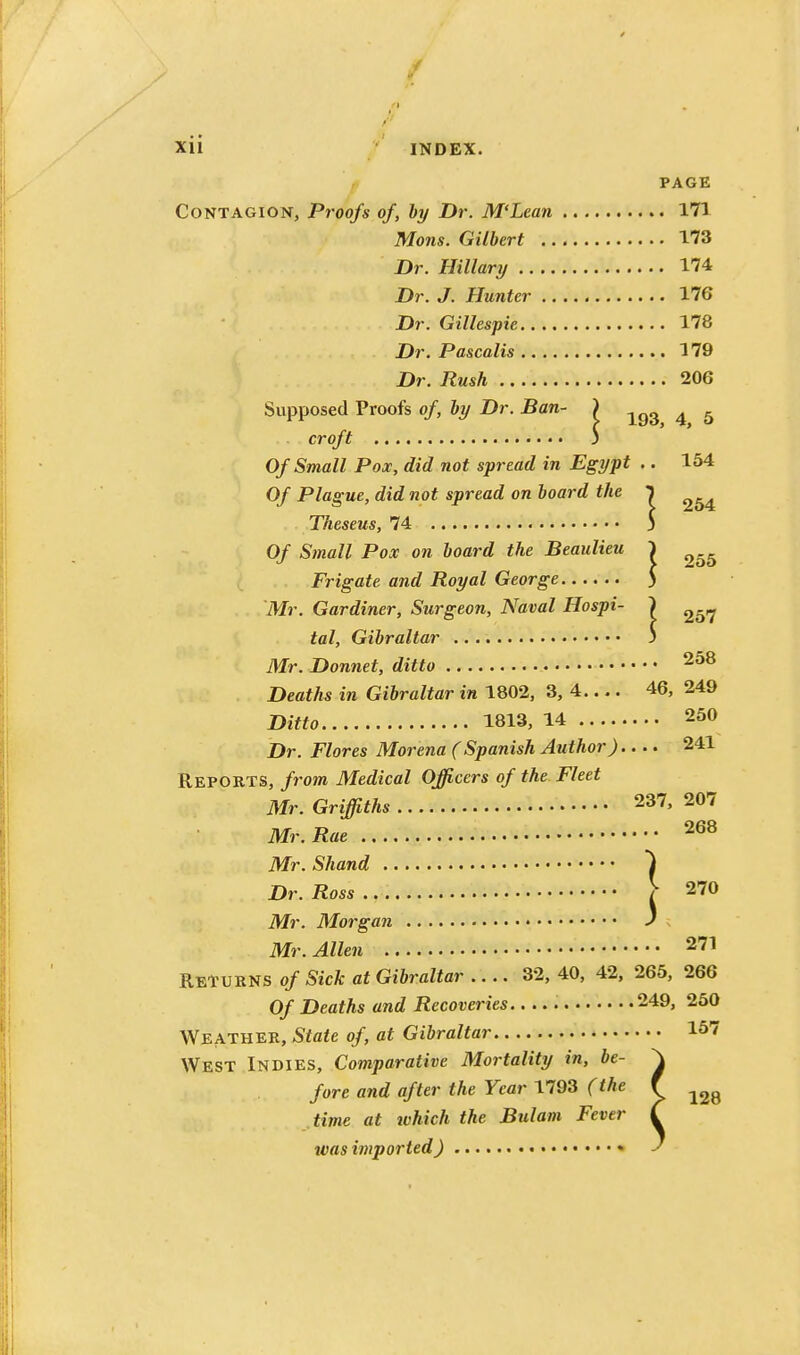 Xll INDEX. PAGE Contagion, Proofs of, by Dr. M'Lean 171 Mons. Gilbert 173 Dr. Hillary 174 Dr. J. Hunter 176 Dr. Gillespie 178 Dr. Pascalis 179 Dr. Rush 206 Supposed Proofs of, by Dr. Ban- ) ^ ^ croft J Of Small Pox, did not spread in Egypt .. 154 Of Plague, did not spread on board the 1 Theseus, 74 3 Of Small Pox on board the Beaulieu 1 Frigate and Royal George ) Mr. Gardiner, Surgeon, Naval Hospi- ) ^57 tal, Gibraltar ) Mr. Donnet, ditto 258 Deaths in Gibraltar in 1802, 3, 4.... 46, 249 Ditto 1813, 14 250 Dr. Flores Morena (Spanish Author).... 241 Reports, from Medical Officers of the Fleet Mr. Griffiths 237, 207 Mr.Rae 268 Mr. Shand ^ Dr. Ross ^ 270 Mr. Morgan ) Mr. Allen 271 Returns of Sick at Gibraltar .... 32, 40, 42, 265, 266 Of Deaths and Recoveries 249, 250 Weather, State of, at Gibraltar 1^7 West Indies, Comparative Mortality in, be- fore and after the Year 1793 (the time at ivhich the Bulam Fever ivas imported) •