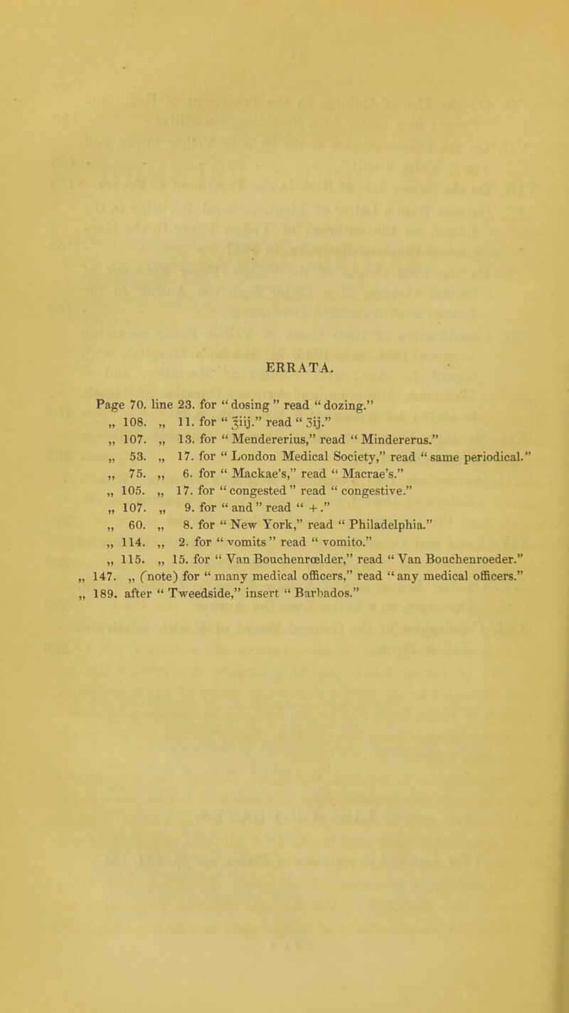 ERRATA. Page 70. line 23. for  dosing  read  dozing. „ 108. „ 11. for  3iij. read  3ij. „ 107. „ 13. for  Mendererius, read  Mindererus. „ 53. „ 17. for  London Medical Society, read  same periodical. „ 75. „ 6. for  Mackae's, read  Macrae's. „ 105. „ 17. for  congested  read  congestive. „ 107. „ 9. for  and read  +. „ 60. „ 8. for  New York, read  Philadelphia. „ 114. „ 2. for vomits read  vomito. „ 115. „ 15. for  Van Bouchenroelder, read  Van Bouchenroeder. „ 147. „ Cnote) for  many medical officers, read any medical officers. „ 189. after  Tweedside, insert  Barbados.