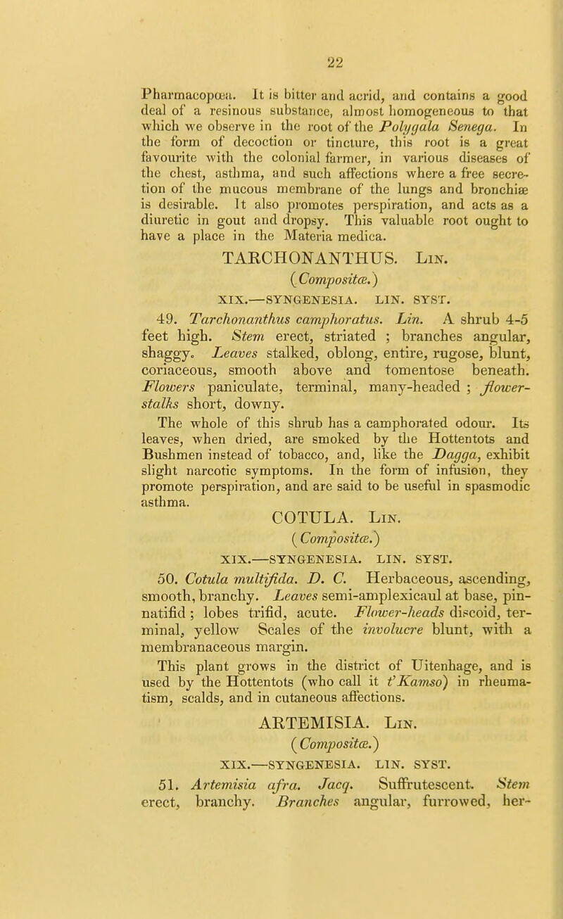 Pharmacopoen. It is bitter and acrid, and contains a good deal of a resinous substance, almost homogeneous to that which we observe in the root of the Poly gala Senega. In the form of decoction or tincture, this root is a great favourite with the colonial farmer, in various diseases of the chest, asthma, and such affections where a free secre- tion of the mucous membrane of the lungs and bronchia? is desirable. It also promotes perspiration, and acts as a diuretic in gout and dropsy. This valuable root ought to have a place in the Materia medica. TARCHONANTHUS. Lin. (Composite.) XIX.—SYNGENESIA. LIN. SYST. 49. Tarchonanthus camphoratus. Lin. A shrub 4-5 feet high. Stem erect, striated ; branches angular, shaggy. Leaves stalked, oblong, entire, rugose, blunt, coriaceous, smooth above and tomentose beneath. Flowers paniculate, terminal, many-headed ; Jlower- stalks short, downy. The whole of this shrub has a camphorated odour. Its leaves, when dried, are smoked by the Hottentots and Bushmen instead of tobacco, and, like the Dagga, exhibit slight narcotic symptoms. In the form of infusion, they promote perspiration, and are said to be useful in spasmodic asthma. COTULA. Lin. ( Composite.} XIX.—SYNGENESIA. LIN. SYST. 50. Cotula multifida. D. C. Herbaceous, ascending, smooth, branchy. Leaves semi-amplexicaul at base, pin- natifid ; lobes trifid, acute. Flower-heads discoid, ter- minal, yellow Scales of the involucre blunt, with a membranaceous margin. This plant grows in the district of Uitenhage, and is used by the Hottentots (who call it t'Kamso) in rheama- tism, scalds, and in cutaneous affections. ARTEMISIA. Lin. ( Composite.} XIX.—SYNGENESIA. LIN. SYST. 51. Artemisia afra. Jacq. Suffrutescent. Stem erect, branchy. Branches angular, furrowed, her-