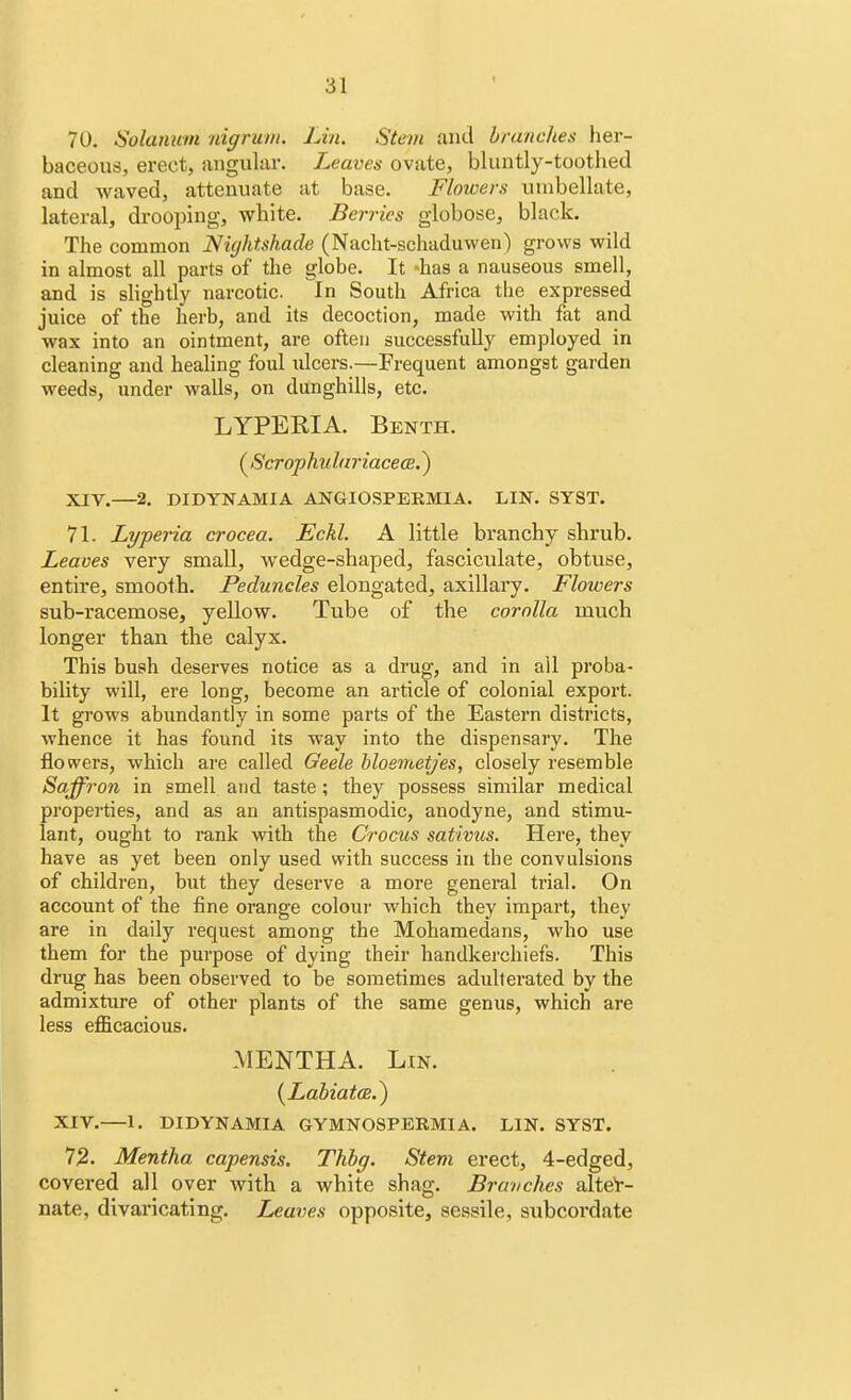70. Solatium nigrum. Lin. Stem and brandies her- baceous, erect, angular. Leaves ovate, bluntly-toothed and waved, attenuate at base. Flowers umbellate, lateral, drooping, white. Berries globose, black. The common Nightshade (Nacht-schaduwen) grows wild in almost all parts of the globe. It -has a nauseous smell, and is slightly narcotic. In South Africa the expressed juice of the herb, and its decoction, made with fat and wax into an ointment, are often successfully employed in cleaning and healing foul ulcers.—Frequent amongst garden weeds, under walls, on dunghills, etc. LYPERIA. Benth. (^ScrophulariacecB^) XIV.—2. DIDYNAMIA ANGIOSPERMIA. LIN. SY8T. 71. Lyperia crocea. JEckl. A little branchy shrub. Leaves very small, wedge-shaped, fasciculate, obtuse, entire, smooth. Peduncles elongated, axillary. Flowers sub-racemose, yellow. Tube of the corolla much longer than the calyx. This bush deserves notice as a drug, and in all proba- bility will, ere long, become an article of colonial export. It grows abundantly in some parts of the Eastern districts, whence it has found its way into the dispensary. The flowers, which are called Geele bloemetj'es, closely resemble Saffron in smell and taste; they possess similar medical properties, and as an antispasmodic, anodyne, and stimu- lant, ought to rank with the Crocus sativus. Here, they have as yet been only used with success in the convulsions of children, but they deserve a more general trial. On account of the fine orange colour which they impart, they are in daily request among the Mohamedans, who use them for the purpose of dying their handkerchiefs. This drug has been observed to be sometimes adulterated by the admixture of other plants of the same genus, which are less efficacious. MENTHA. Lin. {Labiates.) XIV. 1. DIDYNAMIA GYMNOSPERMIA. LIN. SYST. 72. Mentha capensis. Thbg. Stem erect, 4-edged, covered all over with a white shag. Branches alter- nate, divaricating. Leaves opposite, sessile, subcordate
