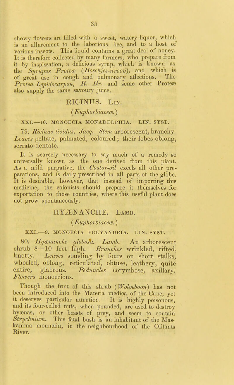showy flowers are rilled with a sweet, watery liquor, which is an allurement to the laborious bee, and to a host of various insects. This liquid contains a great deal of honey. It is therefore collected by many farmers, who prepare from it by inspissation, a delicious syrup, which is known as the ' Syrupus Protece (Boschjes-stroop), and which is of great use in cough and pulmonary affections. The Protea Lepidocarpon, R. Br. and some other Proteas also supply the same savoury juice. RICINUS. Lin. (Euphorbiacece.} XXI.—10. MONOECIA MONADELPHIA. LIN. SYST. 79. Ricinus lividus. Jacq. Stem arborescent, branchy Leaves peltate, paknated, coloured ; their lobes oblong, serrato-dentate. It is scarcely necessary to say much of a remedy so universally known as the one derived from this plant. As a mild purgative, the Castor-oil excels all other pre- parations, and is daily prescribed in all parts of the globe. It is desirable, however, that instead of importing this medicine, the colonists should prepare it themselves for exportation to those countries, where this useful plant does not grow spontaneously. HYiENANCHE. Lamb. {Euplwrbiacece?) XXI.—9. MONOECIA POLYANDRIA. LIN. SYST. 80. Hycenanche globoik. Lamb. An arborescent shrub 8—10 feet high. Branches wrinkled, rifted, knotty. Leaves standing by fours on short stalks, wborled, oblong, reticulated, obtuse, leathery, quite entire, glabrous. Peduncles corymbose, axillary. Flowers monoecious. Though the fruit of this shrub (Wolveboon) has not been introduced into the Materia medica of the Cape, yet it deserves particular attention. It is highly poisonous, and its four-celled nuts, when pounded, are used to destroy hyasnas, or other beasts of prey, and seem to contain Strychnium. This fatal bush is an inhabitant of the Mas- kamma mountain, in the neighbourhood of the Olifants River.