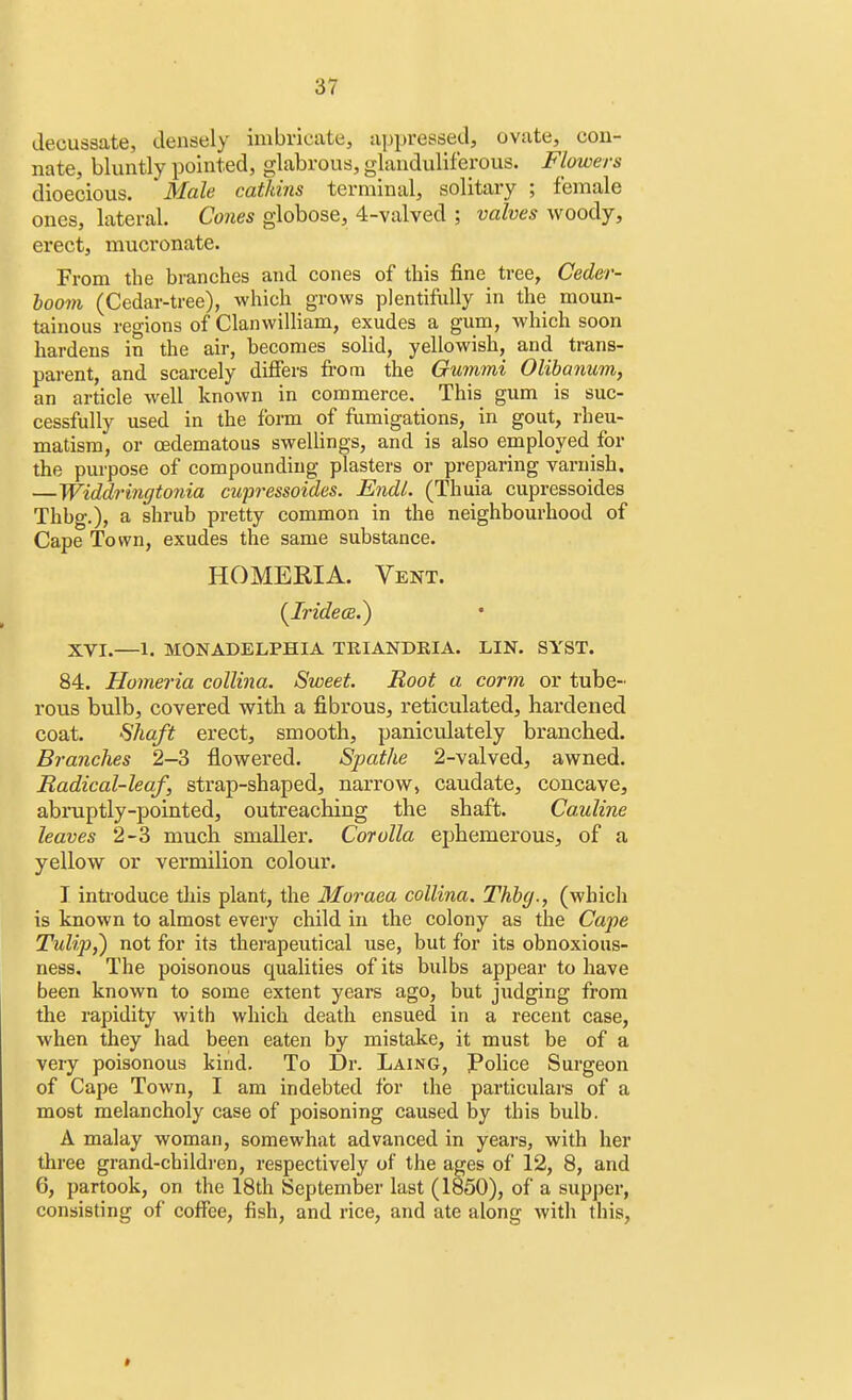 decussate, densely imbricate;, appressed, ovate, con- nate, bluntly pointed, glabrous, glanduliferous. Flowers dioecious. Male catkins terminal, solitary ; female ones, lateral. Cones globose, 4-valved ; valves woody, erect, mucronate. From the branches and cones of this fine tree, Ceder- loom (Cedar-tree), which grows plentifully in the moun- tainous regions of Clanwilliam, exudes a gum, which soon hardens in the air, becomes solid, yellowish, and trans- parent, and scarcely differs from the Gummi Olibanum, an article well known in commerce. This gum is suc- cessfully used in the form of fumigations, in gout, rheu- matism, or cedematous swellings, and is also employed for the purpose of compounding plasters or preparing varnish. —Widdringtonia cupressoides. Endl. (Thuia cupressoides Thbg.), a shrub pretty common in the neighbourhood of Cape Town, exudes the same substance. HOMERIA. Vent. (IridecB.) XVI.—1. MONADELPHIA TRIANDRIA. LIN. SYST. 84. Homeria collina. Sweet. Root a corm or tube- rous bulb, covered with a fibrous, reticulated, hardened coat. Shaft erect, smooth, paniculately branched. Branches 2-3 flowered. Spathe 2-valved, awned. Radical-leaf, strap-shaped, narrow, caudate, concave, abruptly-pointed, outreaching the shaft. Cauline leaves 2-3 much smaller. Corolla ephemerous, of a yellow or vermilion colour. I introduce this plant, the Moraea collina. Thbg., (which is known to almost every child in the colony as the Cape Tulip,) not for its therapeutical use, but for its obnoxious- ness. The poisonous qualities of its bulbs appear to have been known to some extent years ago, but judging from the rapidity with which death ensued in a recent case, when they had been eaten by mistake, it must be of a very poisonous kind. To Dr. Laing, Police Surgeon of Cape Town, I am indebted for the particulars of a most melancholy case of poisoning caused by this bulb. A malay woman, somewhat advanced in years, with her three grand-children, respectively of the ages of 12, 8, and 6, partook, on the 18th September last (1850), of a supper, consisting of coffee, fish, and rice, and ate along with this,