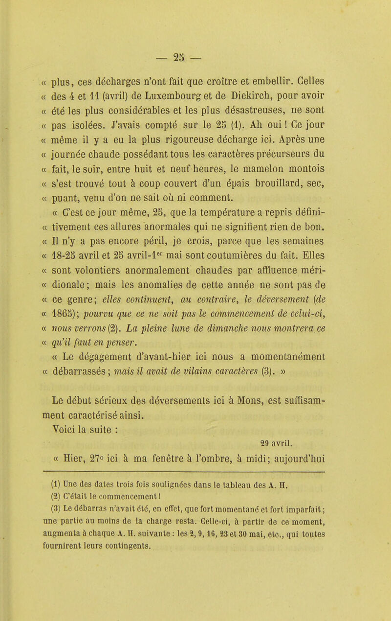 « plus, ces décharges n'ont fait que croître et embellir. Celles « des 4 et 11 (avril) de Luxembourg et de Diekirch, pour avoir « été les plus considérables et les plus désastreuses, ne sont c( pas isolées. J'avais compté sur le 25 (1). Ah oui ! Ce jour « même il y a eu la plus rigoureuse décharge ici. Après une « journée chaude possédant tous les caractères précurseurs du « fait, le soir, entre huit et neuf heures, le mamelon montois « s'est trouvé tout à coup couvert d'un épais brouillard, sec, « puant, venu d'on ne sait où ni comment. (c C'est ce jour même, 25, que la température a repris défini- « tivement ces allures anormales qui ne signifient rien de bon. « Il n'y a pas encore péril, je crois, parce que les semaines « 18-25 avril et 25 avril-l^'f mai sont coutumières du fait. Elles (c sont volontiers anormalement chaudes par affluence méri- te dionale ; mais les anomalies de cette année ne sont pas de « ce genre; elles continuent, au contraire, le déversement {de a 1865); pourvu que ce ne soit pas le commencement de celui-ci^ « nous verrons {^). La pleine lune de dimanche nous montrera ce « qu'il faut en penser. « Le dégagement d'avant-hier ici nous a momentanément « débarrassés ; mais il avait de vilains caractères (3). » Le début sérieux des déversements ici à Mons, est suffisam- ment caractérisé ainsi. Voici la suite : 29 avril. « Hier, 27 ici à ma fenêtre à l'ombre, à midi; aujourd'hui (1) Une des dates trois fois soulignées dans le tableau des A. H. (2) C'était le commencement 1 (3) Le débarras n'avait été, en effet, que fort momentané et fort imparfait ; une partie au moins de la charge resta. Celle-ci, à partir de ce moment, augmenta à chaque A. H. suivante : les 2,9,16,23 et 30 mai, etc., qui toutes fournirent leurs contingents.