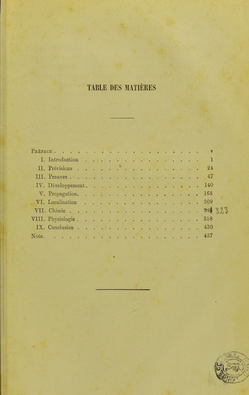 TABLE DES MATIÈRES Peepace T I. Introduction 1 II. Prévisions ^ 24 III. Preuves 47 IV. Développement 140 V. Propagation 165 . VI. Localisation . 309 VII. Chimie ^ VIII. Physiologie 358 IX. Conclusion , . . 430 Note 437
