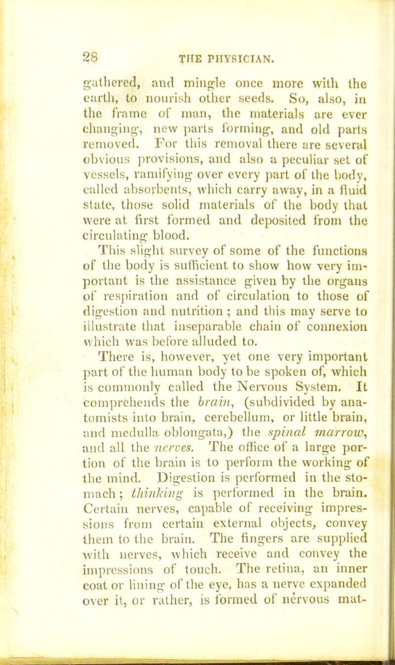 gathered, and mina^le once more with the earth, to nourish otlier seeds. So, also, in tlie frame o( man, the materials are ever changing-, new parts forming', and old parts removed. For this removal there are several obvious provisions, and also a peculiar set of vessels, ramifying over every part of the body, called absorbents, which carry away, in a fluid state, those solid materials of the body that were at first formed and deposited from the circulating; blood. This slight survey of some of the functions of the body is sufficient to show how very im- portant is the assistance given by the organs of respiration and of circulation to those of digestion and nutrition ; and this may serve to illustrate that inseparable chain of connexion which was before alluded to. There is, however, yet one very important part of the human body to be spoken of, which is commonly called the Nervous System. It comprehends the brain, (subdivided by ana- tomists into brain, cerebellum, or little brain, and medulla oblongata,) the spinal marrow, and all the nerves. The office of a large por- tion of the brain is to perform the working of the mind. Digestion is performed in the sto- mach ; thinking is performed in the brain. Certain nerves, capable of receiving impres- sions from certain external objects, convey them to the brain. The fingers are supplied with nerves, which receive and convey the impressions of touch. The retina, an inner coat or lining of the eye, has a nerve expanded over it, or rather, is formed of nervous mat-