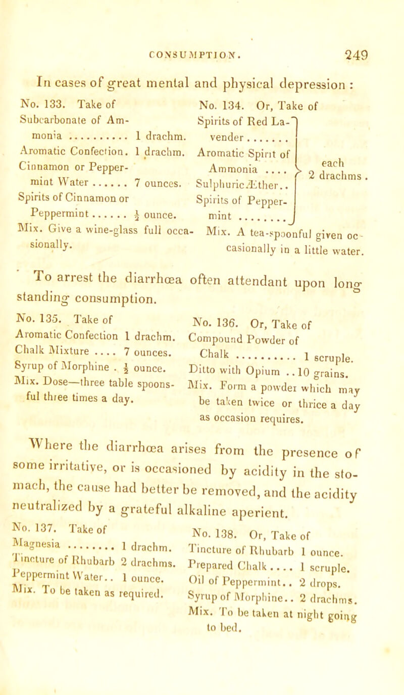 In cases of great mental and physical depression : No. 133. Take of Subearbonate of Am- monia 1 drachm. Aromatic Confection. 1 drachm. Cinnamon or Pepper- mint Water 7 ounces. Spirits of Cinnamon or Peppermint i ounce. Mix. Give a wine-glass full occa- sionally. No. 134. Or, Take of Spirits of Red La- vender Aromatic Spirit of Ammonia .... Sulphuric.Ether.. Spirits of Pepper- mint Mix. A tea-spoonful given oc casionally in a little water . each ^ 2 drachms To arrest the diarrhoea standing consumption. No. 135. Take of Aromatic Confection 1 drachm. Chalk Mixture .... 7 ounces. Syrup of Morphine . | ounce. Mix. Dose—three table spoons- ful thiee times a day. often attendant upon long No. 136. Or, Take of Compound Powder of 1 scruple. Ditto with Opium .. 10 grains. Mix. Form a powder which may be taken twuce or thrice a day as occasion requires. Where the diarrhoea arises from the presence of some irritative, or is occasioned by acidity in the sto- mach, the cause had better be removed, and the acidity neutralized by a grateful alkaline aperient. No. 137. Take of Magnesia 1 drachm. Tincture of Rhubarb 2 drachms. Peppermint Water.. 1 ounce. Mix. To be taken as required. No. 138. Or, Take of 1 incture of Rhubarb 1 ounce. Prepared Chalk 1 scruple. Oil of Peppermint.. 2 drops. Syrup of Morphine.. 2 drachms. Mix. To be taken at night going to bed.