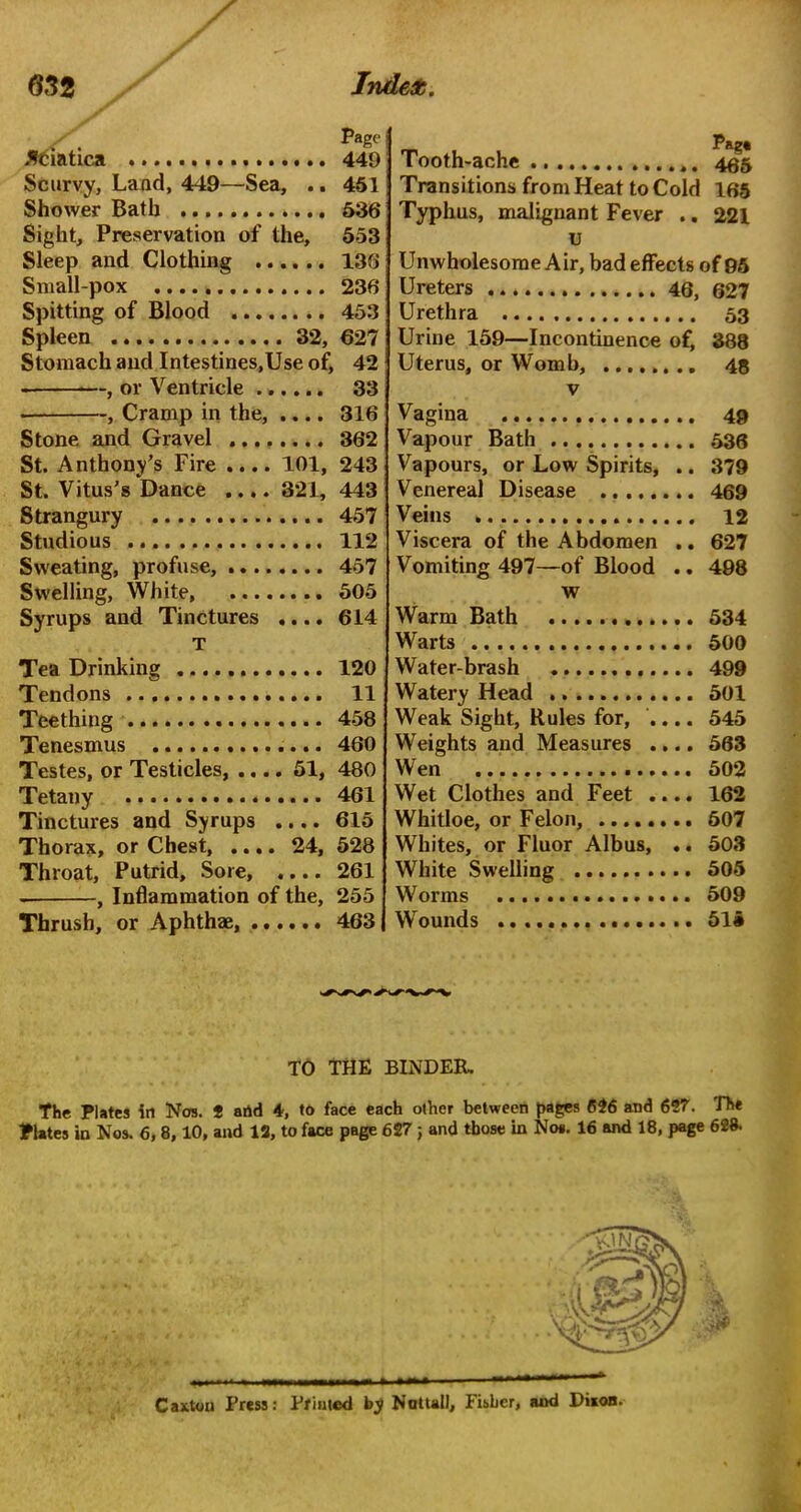 pagc' Sciatica . 440 Scurvy, Land, 449—Sea, .. 451 Shower Bath 536 Sight, Preservation of the, 553 Sleep and Clothing 136 Small pox 236 Spitting of Blood 453 Spleen 32, 627 Stomach and Intestines,Use of, 42 *—, or Ventricle ...... 33 ■ , Cramp in the, .... 316 Stone and Gravel 362 St. Anthony’s Fire .... 101, 243 St. Vitus’s Dance .... 321, 443 Strangury 457 Studious 112 Sweating, profuse, 457 Swelling, White, 505 Syrups and Tinctures .... 614 T Tea Drinking 120 Tendons 11 Teething 458 Tenesmus 460 Testes, or Testicles, .... 51, 480 Tetany 461 Tinctures and Syrups .... 615 Thorax, or Chest, .... 24, 528 Throat, Putrid, Sore, .... 261 . , Inflammation of the, 255 Thrush, or Aphthae, 463 Tooth-ache .. 465 Transitions from Heat to Cold 165 Typhus, malignant Fever .. 221 u Unwholesorne Air, bad effects of 05 Ureters 46, 627 Urethra 53 Urine 159—Incontinence of, 388 Uterus, or Womb, 45 v Vagina 49 Vapour Bath 536 Vapours, or Low Spirits, .. 379 Venereal Disease 469 Veins 12 Viscera of the Abdomen .. 627 Vomiting 497—of Blood .. 498 w Warm Bath 534 Warts 500 Water-brash 499 Watery Head 501 Weak Sight, Rules for, .... 545 Weights and Measures .... 563 Wen 502 Wet Clothes and Feet .... 162 Whitloe, or Felon, ........ 507 Whites, or Fluor Albus, .. 503 White Swelling 505 Worms 509 Wounds 515 TO THE BINDER, The Plates in Nos. * and 4, to face each other between pages C$6 and 627. The Plates in Nos. 6, 8,10, and 13, to face page 627 3 and those in No*. 16 and 18, page 628. Caxton Press: Printed by NottalJ, Fisher, and Diaon.