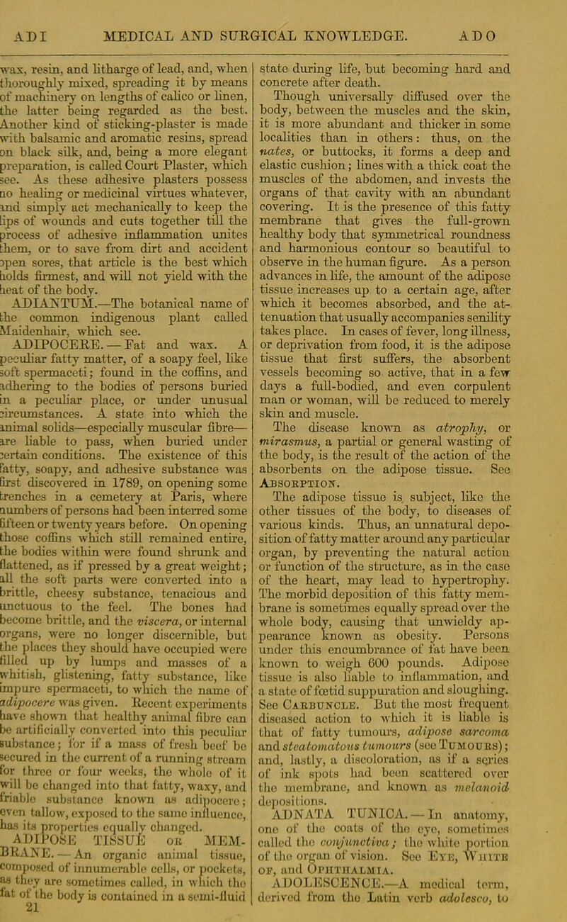 wax, resin, and litharge of lead, and, when tiioroughly mixed, spreading it by means of machinery on lengths of cahco or linen, the latter being regarded as the best. Another kind of sticking-plaster is made with balsamic and aromatic resins, spread on black silk, and, being a more elegant preparation, is called Court Plaster, which see. As these adhesive plasters possess no healing or medicinal virtues whatever, md simply act mechanically to keep the lips of woimds and cuts together till the process of adhesive inflammation \mites them, or to save from dirt and accident jpen sores, that article is the best which liolds firmest, and will not yield with the beat of the body. ADIANTUM.—The botanical name of the conunon indigenous plant called Maidenhair, which see. ADIPOCEEE. — Eat and wax. A pecuhar fatty matter, of a soapy feel, like soft spermaceti; found in the coffins, and adhering to the bodies of persons buried in a peculiar place, or under unusual jircmnstances. A state into which the mimal solids—especially muscular fibre— are liable to pass, when buried imder aertain conditions. The existence of this fatty, soapy, and adhesive substance was first discovered in 1789, on opening some trenches in a ccmeteiy at Paris, where aumbers of persons had been interred some fifteen or twenty years before. On opening those cofiins which still remained entire, the bodies within were found shrunk and flattened, as if pressed by a great weight; all the soft parts were converted into a brittle, cheesy substance, tenacious and unctuous to the feel. The hones had become brittle, and the viscera, or internal organs, were no longer discernible, but the places they should have occupied were filled up by lumps and masses of a whitish, glistening, fatty substance, like impure spermaceti, to which the name of adipocere was given. Eccent experiments have shown that healthy animal fibre can be artificially converted into this peculiar substance; for if a mass of fresh beef bo secured in the current of a running stream for three or four weeks, the whole of it will be changed into that fatty, waxy, and friable substance known as adipocere; even tallow, exposed to the same influence, has its properties equally changed. ADIP08E TISSUE ou MEM- BEANE. — An organic animal tissue, composed of innumerable ccUs, or pockets, M they are sometimes called, in which the fat ot the body is contained in a semi-fluid 21 state during life, but becoming hard and concrete after death. Though universally diffused over the body, between the muscles and the skin, it is more abundant and thicker in some localities than in others: thus, on the tuites, or buttocks, it forms a deep and elastic cushion; lines with a thick coat the muscles of the abdomen, and invests the organs of that cavity with an abimdant covering. It is the presence of this fatty membrane that gives the full-grown healthy body that symmetrical roundness and harmonious contour so beautiful to observe in the human figure. As a person advances in life, the amount of the adipose tissue increases up to a certain age, after which it becomes absorbed, and the at- tenuation that usually accompanies senility takes place. In cases of fever, long illness, or deprivation from food, it is the adipose tissue that first suffers, the absorbent vessels becoming so active, that in a few days a full-bocUed, and even corpulent man or woman, will be reduced to merely skin and muscle. The disease known as atrophy, or mirasmus, a partial or general wasting of the body, is the result of the action of the absorbents on the adipose tissue. See Absorption. The adipose tissue is subject, like the other tissues of the body, to diseases of various kinds. Thus, an unnatural depo- sition of fatty matter around any particular organ, hy preventing the natural actiou or function of the structiu’e, as in the case of the heart, may lead to hypertrophy. The morbid deposition of this fatty mem- brane is sometimes equally spread over the whole body, causing that imwieldy ap- pearance known as obesity. Persons under this encumbrance of I'at have been known to weigh 600 pounds. Adijiusc tissue is also liable to inflammation, and a state of foetid suppui-ation and sloughing. See CarbuncIjE. But the most frequent diseased action to which it is hable is that of fatty tumoui’s, adipose sarcoma and stcato7natous tumours (see Tumours) ; and, lastly, a discoloration, us if a SQi'ies of ink spots had been scattered over the membrane, and known as meJanoid depositions. ADNATA TUNICA. — In anatomy, one of the coats of the eye, sometimes called the conjunctiva; the wliite portion of the organ of vision. See Eye, White OF, and Oputhalaiia. AUOLKSCENCE.—A medical terra, derived from the Latin verb adolesco, to