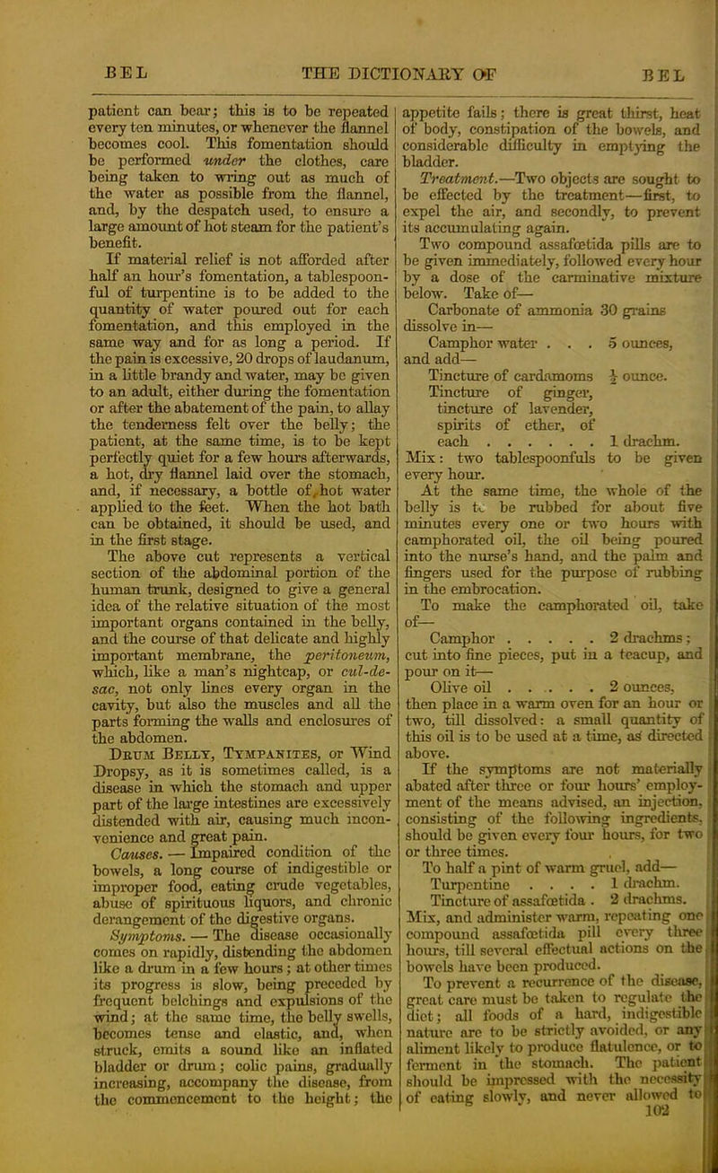 patient can beaa*; this is to he repeated every ten minutes, or whenever the flannel becomes cool. This fomentation should be performed under the clothes, care being taken to wiing out as much of the water as possible from the flannel, and, by the despatch used, to ensure a large amoxmt of hot steam for the patient’s benefit. If material relief is not afforded after half an hom’’s fomentation, a tablespoon- ful of tmpentine is to be added to the quantity of water poured out for each fomentation, and this employed in the same way and for as long a period. If the pam is excessive, 20 drops of laudamun, in a little brandy and water, may be given to an adult, either dining the fomentation or after the abatement of the pain, to allay the tenderness felt over the belly; the patient, at the same tune, is to be kept perfectly quiet for a few hours afterwards, a hot, dry flannel laid over the stomach, and, if necessary, a bottle of^hot water applied to the feet. When the hot bath can be obtained, it should be used, and in the first stage. The above cut represents a vertical section of the abdominal portion of the human trunk, designed to give a general idea of the relative situation of the most important organs contained in the belly, and the course of that delicate and highly important membrane, the peritonenm, which, like a man’s nightcap, or cul-de- sac, not only lines every organ in the cavity, but also the muscles and aU the parts foiining the walls and enclosures of the abdomen. Deum Beelt, Ttmeahites, or Wind Dropsy, as it is sometimes called, is a disease in which the stomach and upper part of the lai’ge intestines are excessively distended with air, causing much incon- venience and great pain. Comes. — Impaired condition of the bowels, a long course of indigestible or improper food, eating emde vegetables, abuse of spirituous hquors, and chronic derangement of the digestive organs. Symptoms. — The disease occasionally comes on rapidly, distending the abdomen like a drum in a few hours; at other times its prog;rcs3 is slow, being preceded by frequent belchings and expulsions of the wind; at the same time, the belly swells, becomes tense and elastic, ana, when struck, emits a sound like an inflated bladder or dnun; cohe pains, gradually increasing, accompany the disease, from the commencement to the height; the appetite fails; there is great tliirst, heat of body, constipation of the bowels, and considerable difliculty in empljong the bladder. Treatment.—Two objects are sought to be effected by the treatment—firet, to expel the air, and secondly, to prevent its accumulating again. Two compound assafeetida pUls are to be given immediately, followed every hour by a dose of the carminative mixture below. Take of— Carbonate of ammonia 30 grains dissolve in— Camphor water ... 5 ounces, and add— Tincture of cardamoms ^ ounce. Tincture of ginger, tincture of lavender, spirits of ether, of each 1 drachm. Mix: two tablespoonfuls to be given every hour. At the same time, the whole of the belly is tv be rubbed for about five minutes every one or ta'o hours with camphorated oil, the oil being poured into the nurse’s hand, and the palm and fingers used for the purpose of rubbing in the embrocation. To make the camphorated oil, take of— Camphor 2 drachms; cut into fine pieces, put iu a teacup, and pour on it— Olive oil 2 ounces, then place in a warm oven for an hour or two, till dissolved: a small quantity of this oil is to be used at a time, directed . above. If the symptoms are not materially abated after three or four hours’ employ- ment of the means advised, an injection, consisting of the follo\ving ingredients, shoidd be given every four hours, for two or three times. To half a pint of worm gruel, add— Turpentine .... 1 drachm. Tincture of assafeetida . 2 drachms. Mix, and administer warm, repeating one I compound assafeetida pill every tlireci hours, till several effectual actions on the j bowels have been produced. To prevent a recurrence of the disease,- great care must be taken to regulate the i diet; all foods of a hard, indigestible[ nature ore to be strictly avoided, or any f aliment likely to produce flatulence, or to ferment in the stomach. The patient should be impressed with the necessity of catine slowlv, and never allowed to