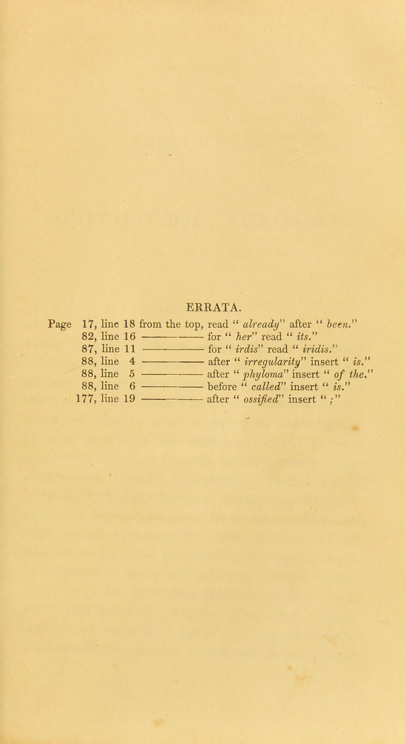 ERRATA. Page 17, line 18 from the top, read “ already” after “ been.” 82, line 16 for “ her” read “ its.” 87, line 11 for “ irdis” read “ iridis 88, line 4 after “ irregularity” insert “ is.’ 88, line 5 after “ phyloma” insert “ of the. 88, line 6 before “ called” insert “ is.” 177, line 19 after “ ossified” insert “