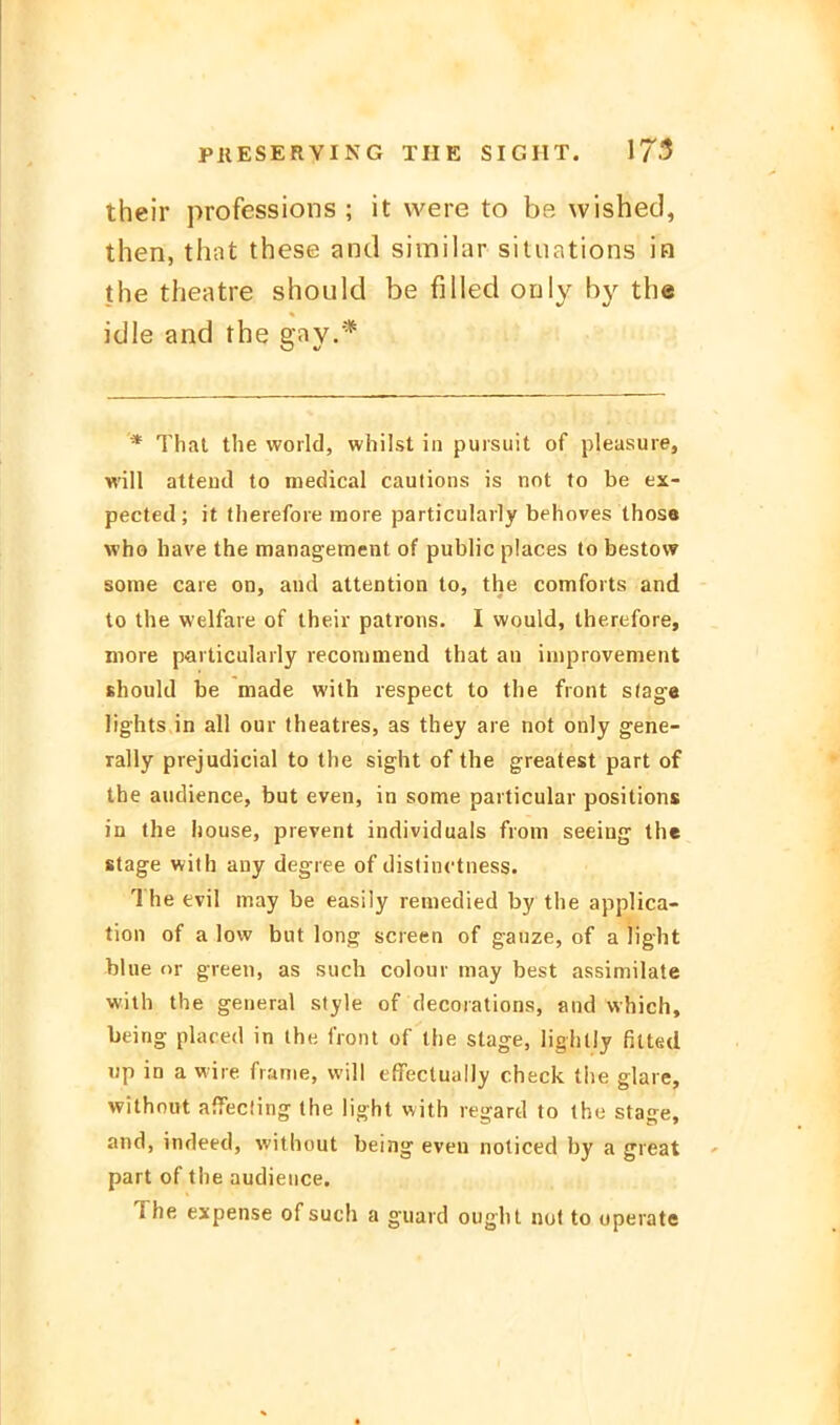 their professions ; it were to be, wished, then, that these and similar situations in the theatre should be filled only by th« idle and the gay.* * Thal the world, whilst in pursuit of pleasure, will atteud to roedical cautions is not to be ex- pected; it therefoie moie particularly behoves those who have the management of public places to bestow sorae caie on, and attention to, the comfoits and to the welfaie of their patrons. I would, therefore, more particularly reconimend that an iniprovement should be made with respect to the front slag'« lights in all our theatres, as they are not only gene- rally prejudicial to the sight of the greatest part of the audience, but even, in some particular positions in the house, prevent individuals from seeiug the «tage with auy degree of distiuctness. The evil may be easily remedied by the applica- tion of a low but long screen of ganze, of a light biue OY green, as such colour may best assimilate with the geiieral style of decorations, and which, being placed in the front of the stage, lighliy filted up in a wire franie, will effectuaily check the glaie, without affecling the light with regard to the stage, and, indeed, without being even noticed by a great part of the audience. The expense of such a guard ought not to uperate