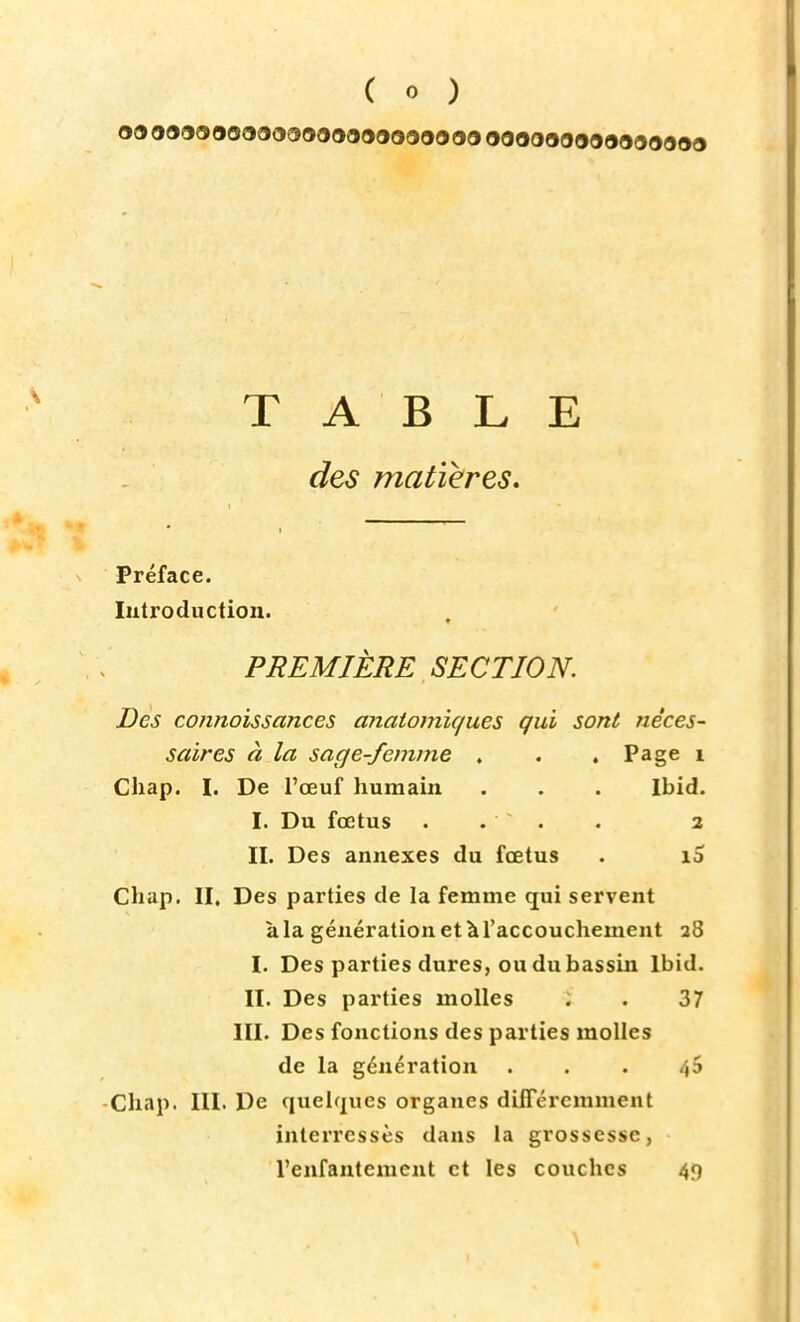 O3 00a900a<>O9O<>0a00O0O0 00 000000090000009 TABLE des matières. Préface. Introduction. PREMIÈRE SECTION. Des connoissances anatomiques qui sont néces- saires à la sage-femme . . . Page î Chap. I. De l'œuf humain . . . Ibid. I. Du fœtus .... 2 II. Des annexes du fœtus . îS Chap. II, Des parties de la femme qui servent à la génération et à l'accouchement a8 I. Des parties dures, ou du bassin lbid. II. Des parties molles ; . 37 III. Des fonctions des parties molles de la génération ... 45 Chap. III. De quelques organes différemment interressès dans la grossesse, l'enfantement et les couches 4n