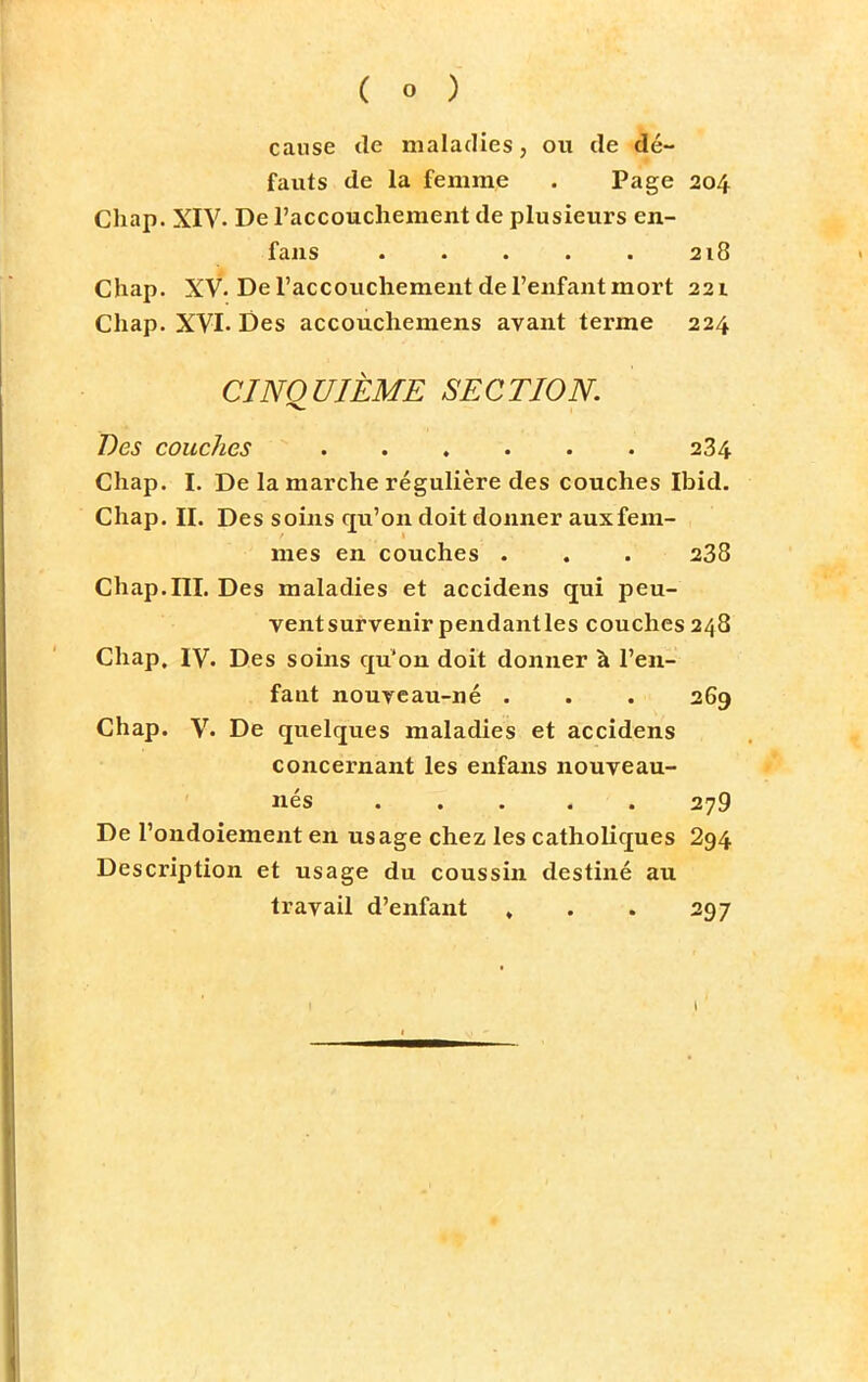 cause de maladies, ou de dé- fauts de la femme . Page 204 Chap. XIV- De l'accouchement de plusieurs en- fans . . . . . 218 Chap. XV. De l'accouchement de l'enfant mort 221 Chap. XVI. Des accouchemens avant terme 224 CINQUIÈME SECTION. Des couches 234 Chap. I. De la marche régulière des couches Ibid. Chap. II. Des soins qu'on doit donner aux fem- mes en couches . . . 238 Chap.III. Des maladies et accidens qui peu- ventsurvenirpendantles couches 248 Chap. IV. Des soins qu'on doit donner à l'en- fant nouveau-né . . . 269 Chap. V. De quelques maladies et accidens concernant les enfans nouveau- nés ..... 279 De l'ondoiement en usage chez les catholiques 294 Description et usage du coussin destiné au travail d'enfant » . . 297