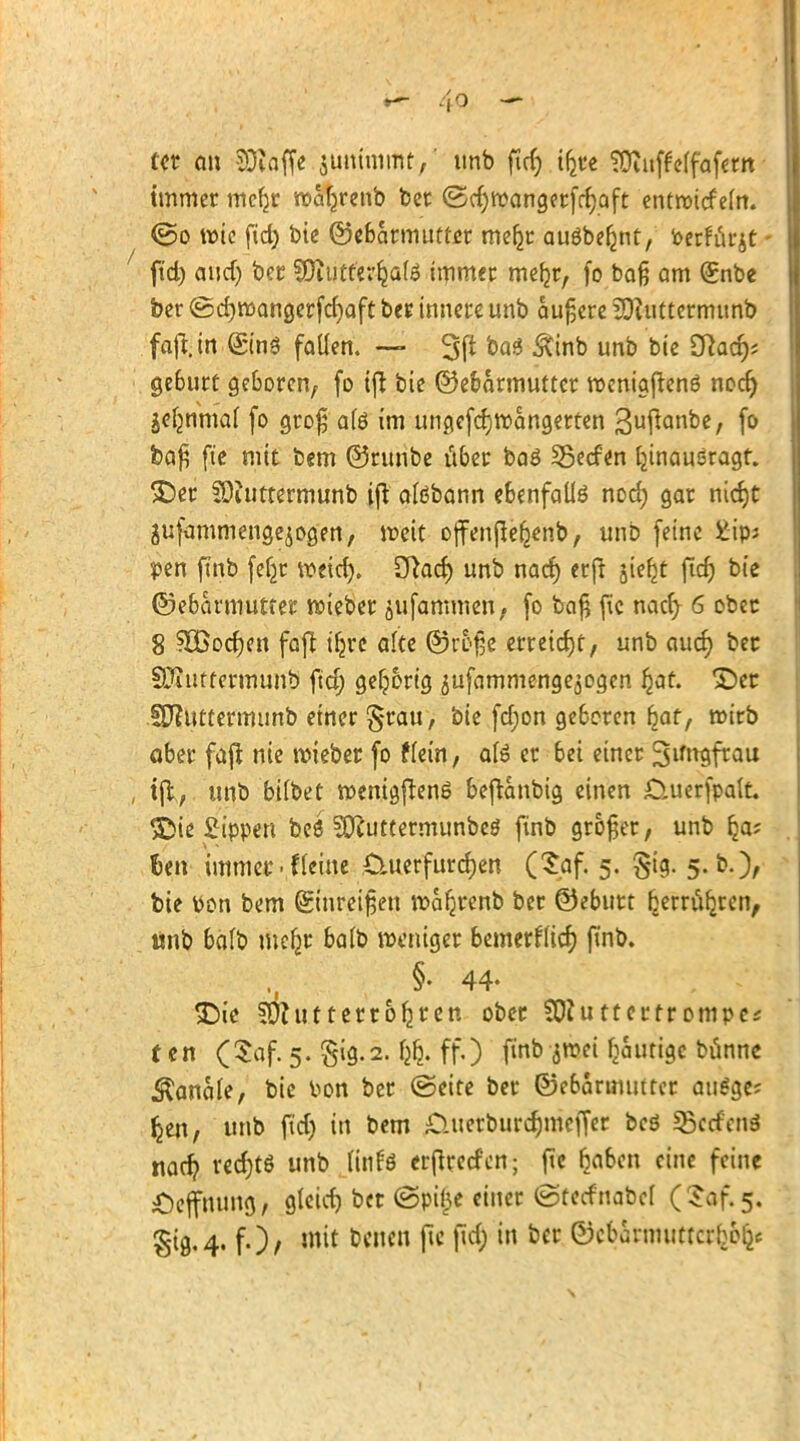 Ut an 53iaffe jumnimt, ttnb für) t^t*c TDiitfMfafetn immer me^r waljrenb ber (Bdjwangerfrljaft entrotcfcln. ©o wie fid; bie ©ebatmutrer mer^r auöbe^nt, Perfürit fid) and) ber SDiutterljate immer meijr, fo bafj am (£nbe ber ©djwangerfcfyaft bec innere unb aufjere SOiuttermunb faft.in @n$ fallen. — 3fl ba3 &inb unb bie £ftaa> gebutt geboren, fo tfl bie ©ebarmuttcr wenigftenö nodj jefmmaf fo groß afö im ungefdjwangerten ^uftanbe, fo baß fte mit bem ©runbe über baö 35ecfen hinausragt. £)er SOiuttermunb ift aföbann ebenfalls nod; gar nidjt äufammengejogen, weit off enjleljenb, unb feine £ip; pen ftnb fe^c weid). CRarf) unb nacr) erft stefjt ftdj bie ©ebarmuttee wieber oufammen, fo baß fic nad; 6 ober 8 ?IBod}fn fajl tbjc alte @3roße erreicht, unb aud) ber SOuitfermunb fid; gehörig 5ufammengeäogen ljjat. *£)cr fERuttermunb einer §rau, bie fd;on geboren b_af, wirb aber fajt nie wieber fo (fein, ate er bei einer 3»ngfrau ift, unb btfbet wenigftenö bejtcmbig einen £>,uer|pak. ©ie £ippen beö 3ftuttermunbeö finb großer, unb £a; hm immer • Heine D,uerfurd)en (Saf. 5. §ig. 5. b.), bie Pon bem Einreißen roa^renb ber ©eburt kerrüfjren, unb ba(b mefjr bafo weniger bemerftief) ftnb. §• 44- £>ie SDhitterro^ren ober SDtuttertrompci t en (Saf. 5. §ig.2. tyj. ff.) ftnb jwei feurige banne banale, bie Pon ber (Seite ber ©ebarmmrer ati^ge* fcen, unb fid) in bem O.uerburdjmcffer beö 33ctf'en3 narr; redjtö unb iit\U erftretfen; fte ^aben eine feine £)effnung, gleich bet <3pü)e einer ©teefnabef (Saf.5. Stg.4. f.)/ Mi* fccncn ß* fW w bcc ©cbanuuttcrbb^