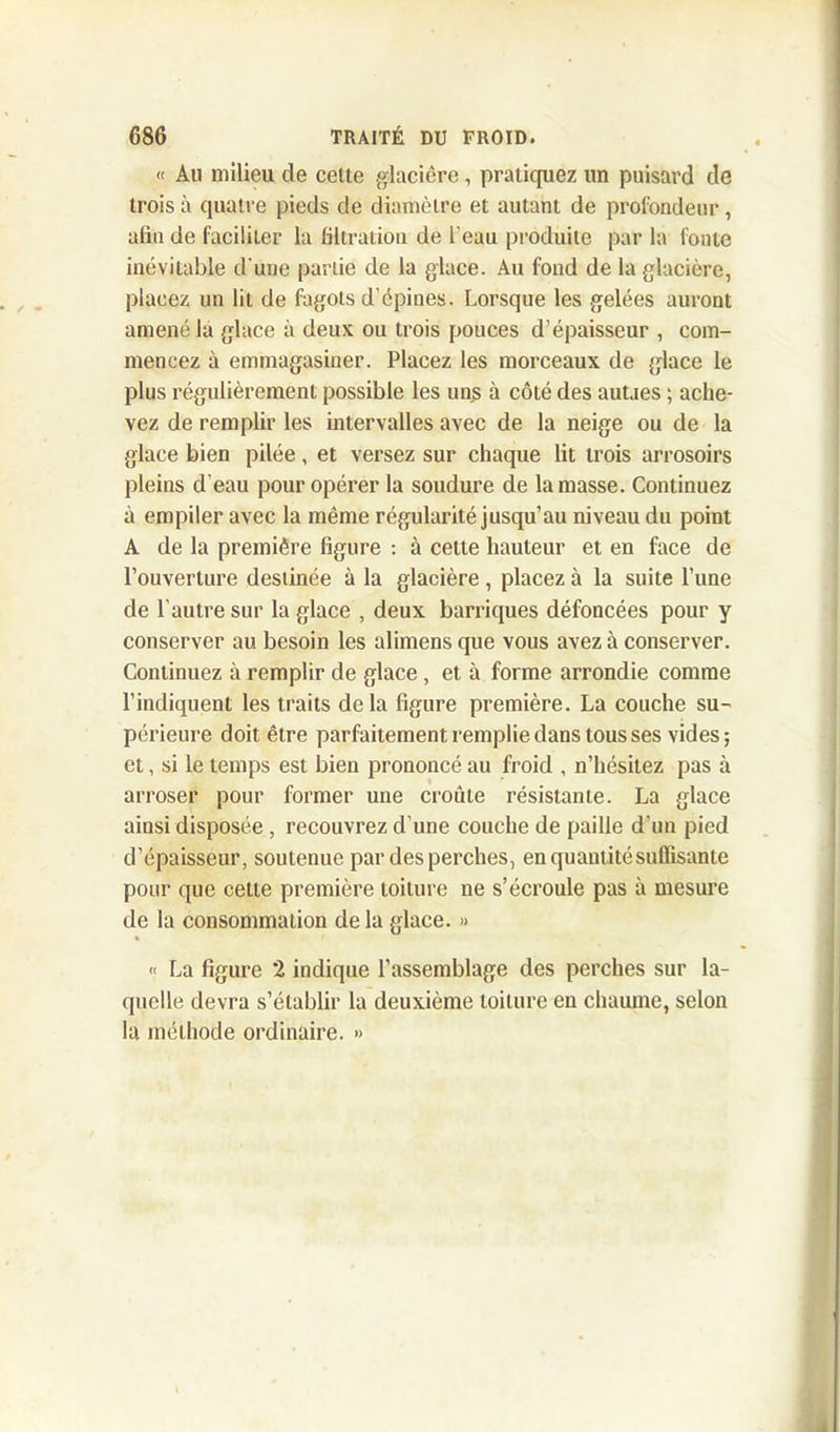 « Au milieu de cette glacière, pratiquez un puisard de trois à quatre pieds de diamètre et autant de profondeur, afin de faciliter la filtration de l'eau produite par la fonte inévitable d'une partie de la glace. Au fond de la glacière, placez un lit de fagots d’épines. Lorsque les gelées auront amené la glace à deux ou trois pouces d’épaisseur , com- mencez à emmagasiner. Placez les morceaux de glace le plus régulièrement possible les uns à côté des autaes ; ache- vez de remplir les intervalles avec de la neige ou de la glace bien pilée, et versez sur chaque lit trois arrosoirs pleins d'eau pour opérer la soudure de la masse. Continuez à empiler avec la même régularité jusqu’au niveau du point A de la première figure : à cette hauteur et en face de l’ouverture destinée à la glacière, placez à la suite l’une de l’autre sur la glace , deux barriques défoncées pour y conserver au besoin les alimens que vous avez à conserver. Continuez à remplir de glace, et à forme arrondie comme l’indiquent les traits delà figure première. La couche su- périeure doit être parfaitement remplie dans tous ses vides; et, si le temps est bien prononcé au froid , n’hésitez pas à arroser pour former une croûte résistante. La glace ainsi disposée , recouvrez d’une couche de paille d'un pied d’épaisseur, soutenue par des perches, en quantité suffisante pour que cette première toiture ne s’écroule pas à mesure de la consommation de la glace. » « La figure 2 indique l’assemblage des perches sur la- quelle devra s’établir la deuxième toiture en chaume, selon la méthode ordinaire. »