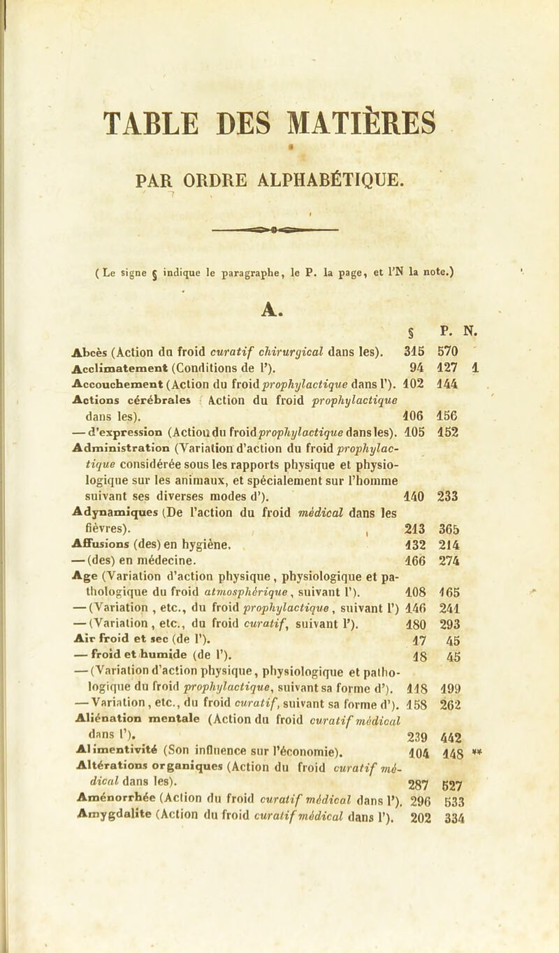 PAR ORDRE ALPHABÉTIQUE. (Le signe 5 indique le paragraphe, le P. la page, et l’N la note.) A. § P. N. Abcès (Action dn froid curatif chirurgical dans les). 315 570 Acclimatement (Conditions de 1’). 94 127 1 Accouchement (Action du froid prophylactique dans 1’). 102 144 Actions cérébrales Action du froid prophylactique dans les). 106 156 — d’expression (Actioudu froid prophylactique dans les). 105 152 Administration (Variation d’action du froid prophylac- tique considérée sous les rapports physique et physio- logique sur les animaux, et spécialement sur l’homme suivant ses diverses modes d’). 140 233 Adynamiques (De l’action du froid médical dans les fièvres). , 213 365 Affusions (des) en hygiène. 132 214 — (des) en médecine. 166 274 Age (Variation d’action physique , physiologique et pa- thologique du froid atmosphérique, suivant 1’). 108 165 — (Variation , etc., du froid prophylactique, suivant I’) 146 241 — (Variation, etc., du froid curatifsuivant 1’). 180 293 Air froid et sec (de 1’). 17 45 — froid et humide (de 1’). 18 45 — (Variation d’action physique, physiologique et patho- logique du froid prophylactique, suivant sa forme d’). 118 199 — Variation , etc., du froid curatif, suivant sa forme d’). 158 262 Aliénation mentale (Action du froid curatif médical dans P). 239 442 Alimentivité (Son influence sur l’économie). 104 148 ** Altérations organiques (Action du froid curatif mé- dical dans les). 287 527 Aménorrhée (Action du froid curatif médical dans 1’), , 296 533 Amygdalite (Action du froid curatif médical dans 1’). 202 334