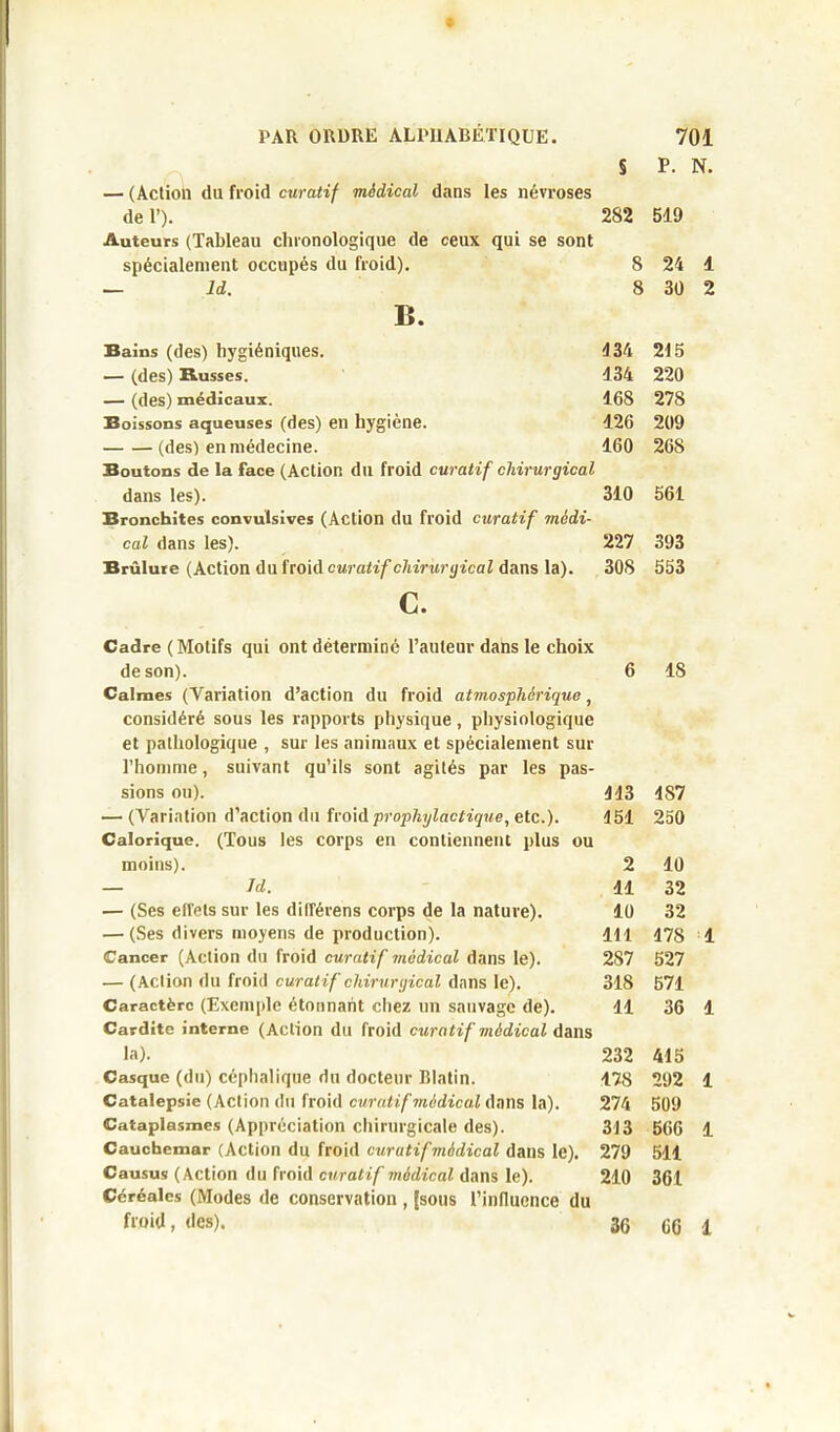 § P. N. — (Action du froid curatif médical dans les névroses de 1’). Auteurs (Tableau chronologique de ceux qui se sont spécialement occupés du froid). — ld. B. Bains (des) hygiéniques. — (des) Busses. — (des) médicaux. Boissons aqueuses (des) en hygiène. (des) en médecine. Boutons de la face (Action du froid curatif chirurgical dans les). Bronchites convulsives (Action du froid curatif médi- cal dans les). Brûlure (Action du froid curatif chirurgical dans la). c. Cadre ( Motifs qui ont déterminé l’auteur dans le choix de son). Calmes (Variation d’action du froid atmosphérique, considéré sous les rapports physique, physiologique et pathologique , sur les animaux et spécialement sur l’homme, suivant qu’ils sont agités par les pas- sions ou). — (Variation d’action du froid prophijlactique, etc.). Calorique. (Tous les corps en contiennent plus ou moins). — ld. — (Ses effets sur les différens corps de la nature). — (Ses divers moyens de production). Cancer (Action du froid curatif medical dans le). — (Action du froid curatif chirurgical dans le). Caractère (Exemple étonnant chez un sauvage de). Cardite interne (Action du froid curatif médical dans la). Casque (du) céphalique du docteur Blatin. Catalepsie (Action du froid curatif médical dans la). Cataplasmes (Appréciation chirurgicale des). Cauchemar (Action du froid curatifmédical dans le). Causus (Action du froid curatif médical dans le). Céréales (Modes de conservation , {sous l’influence du froid, des). 282 519 8 24 8 30 134 215 134 220 168 278 126 209 160 26S 310 561 227 393 308 553 6 18 443 1S7 451 250 2 10 11 32 10 32 111 178 287 527 318 571 11 36 232 415 178 292 274 509 313 566 279 511 210 361 36 6G 1 2 1 4 1 1 1