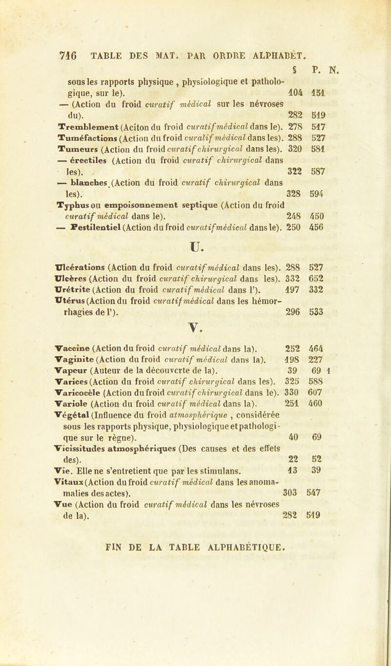 § P. N. sous les rapports physique , physiologique et patholo- gique, sur le). 104 151 — (Action du froid curatif médical sur les névroses du). 282 519 Tremblement (Aciton du froid curatif médical dans le). 278 517 Tuméfactions (Action du froid curalif médical dans les). 288 527 Tumeurs (Action du froid curatif chirurgical dans les). 320 581 — érectiles (Action du froid curatif chirurgical dans les). 322 587 — blanches,(Action du froid curatif chirurgical dans les). 328 594 Typhus ou empoisonnement septique (Action du froid curatif viédical dans le). 248 450 — Pestilentiel (Action du froid curatif médical dans le). 250 456 U. Ulcérations (Action du froid curatif médical dans les). 288 527 Ulcères (Action du froid curatif chirurgical dans les). 332 652 Urétrite (Action du froid curatif médical dans P). 197 332 Utérus (Action du froid curatif médical dans les hémor- rhagies de P). 296 533 y. Vaccine (Action du froid curatif médical dans la). 252 464 Vaginite (Action du froid curatif médical dans la). 19S 227 Vapeur (Auteur de la découverte de la). 39 69 i Varices (Action du froid curatif chirurgical dans les). 325 5SS Varicocèle (Action du froid curatif chirurgical dans le). 330 607 Variole (Action du froid curatif médical dans la). 251 460 Végétal (Influence du froid atmosphérique , considérée sous les rapports physique, physiologique et pathologi- que sur le règne). 40 69 Vicissitudes atmosphériques (Des causes et des effets des). 22 52 Vie. Elle ne s’entretient que par les stimulans. 13 39 Vitaux(Action du froid curatif médical dans lesanoma- malies desactes). 303 547 Vue (Action du froid curatif médical dans les névroses de la). 282 549 FIN DE LA TABLE ALPHABETIQUE.