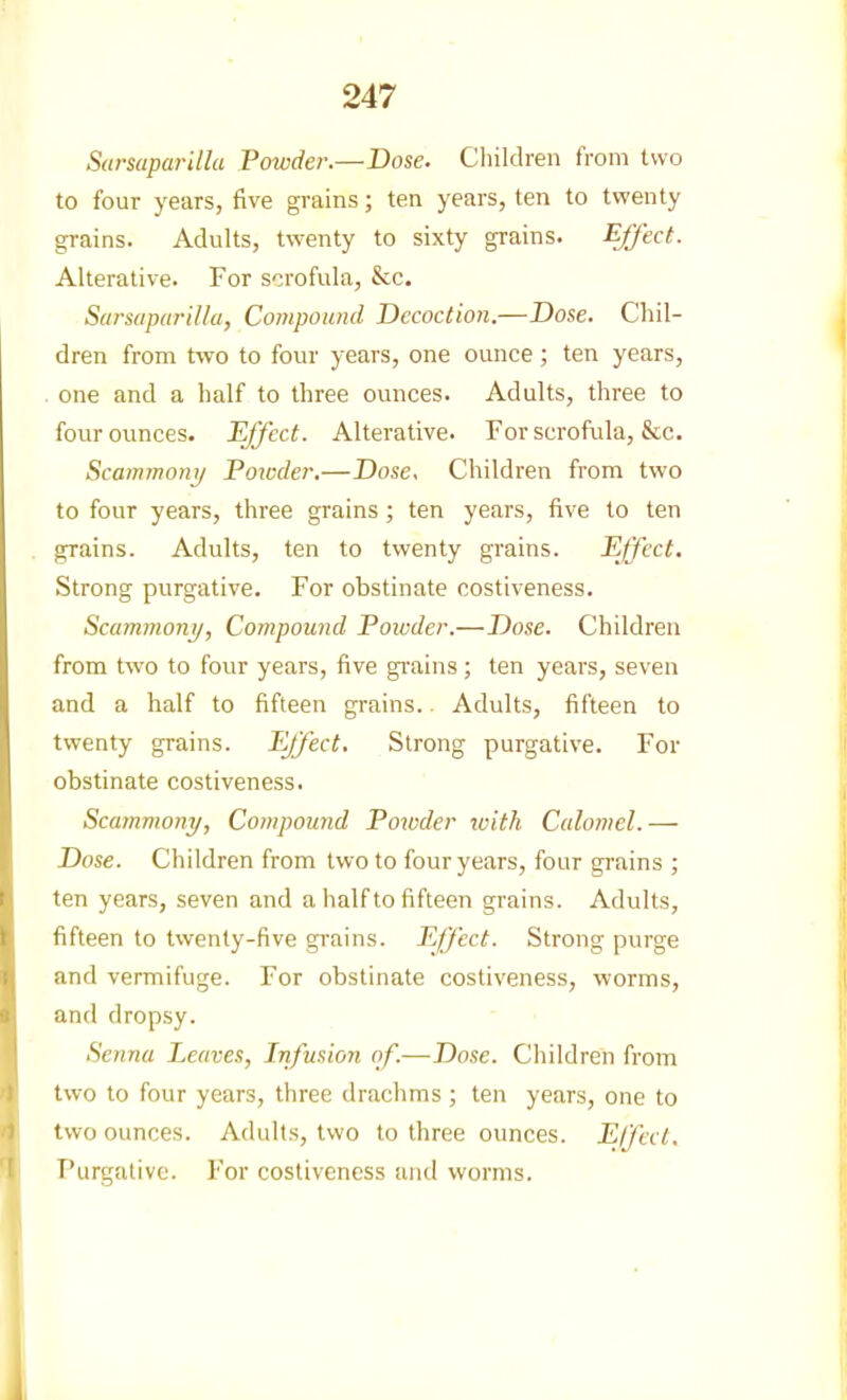 Sarsaparillu Powder.—Dose. Cliildren from two to four years, five grains; ten years, ten to twenty grains. Adults, twenty to sixty grains. Effect. Alterative. For scrofula, &c. SanupariUa, Compound Decoction.—Dose. Chil- dren from two to four years, one ounce; ten years, . one and a half to three ounces. Adults, three to four ounces. Effect. Alterative. For scrofula, &c. Scammoni/ Poicder.—Dose. Children from two to four years, three grains ; ten years, five to ten grains. Adults, ten to twenty grains. Effect, Strong purgative. For obstinate costiveness. Scammoni/, Compound Poivder.—Dose. Children from two to four years, five grains ; ten years, seven and a half to fifteen grains. Adults, fifteen to twenty grains. Effect. Strong purgative. For obstinate costiveness. Scammony, Compound Poioder rvith Calomel. — Dose. Children from two to four years, four grains ; ten years, seven and a half to fifteen grains. Adults, fifteen to twenty-five grains. Effect. Strong purge and vermifuge. For obstinate costiveness, worms, and dropsy. Senna Leaves, Inffision of.—Dose. Children from two to four years, tliree drachms; ten years, one to two ounces. Adults, two to three ounces. E/'fccl. Purgative. For costiveness and worms.