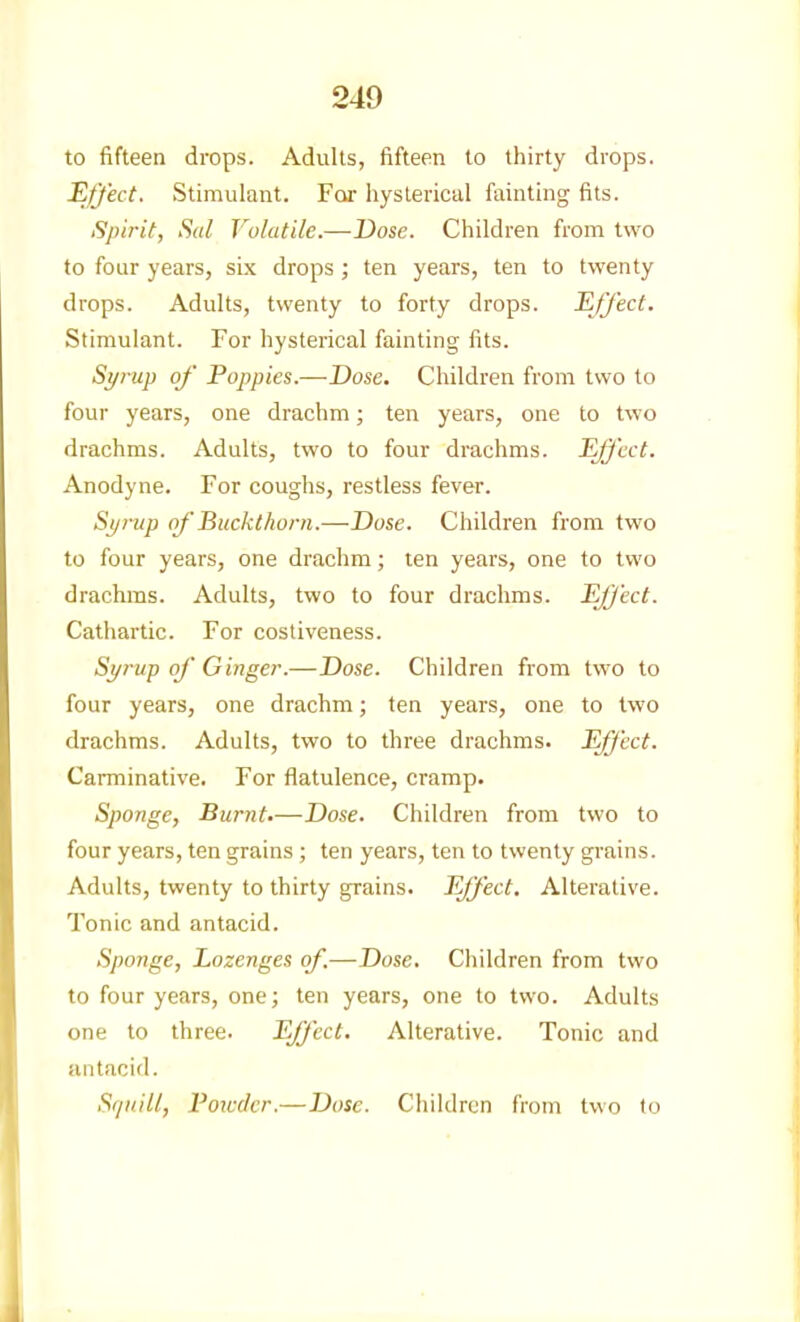 to fifteen drops. Adults, fifteen to thirty drops. Efject. Stimulant. For hysterical fiainting fits. Spirit, Sal Volatile.—Dose. Children from two to four years, si.x drops ; ten years, ten to twenty drops. Adults, twenty to forty drops. EO'ecf. Stimulant. For hysterical fainting fits. Sj/rup of Poppies.— Dose. Children from two to four years, one drachm; ten years, one to two drachms. Adults, two to four drachms. Effect. Anodyne. For coughs, restless fever. Si/rup of Buckthorn.—Dose. Children from two to four years, one drachm; ten years, one to two drachms. Adults, two to four drachms. EjJ'ect. Cathartic. For costiveness. Syrup of Ginger.—Dose. Children from two to four years, one drachm; ten years, one to two drachms. Adults, two to three drachms. Effect. Carminative. For flatulence, cramp. Sponge, Burnt.—Dose. Children from two to four years, ten grains; ten years, ten to twenty grains. Adults, twenty to thirty grains. Effect. Alterative. Tonic and antacid. Sponge, Lozenges of.—Dose, Children from two to four years, one; ten years, one to two. Adults one to three. Effect. Alterative. Tonic and antacid. Squill, Foicder.—Dose. Children from two to