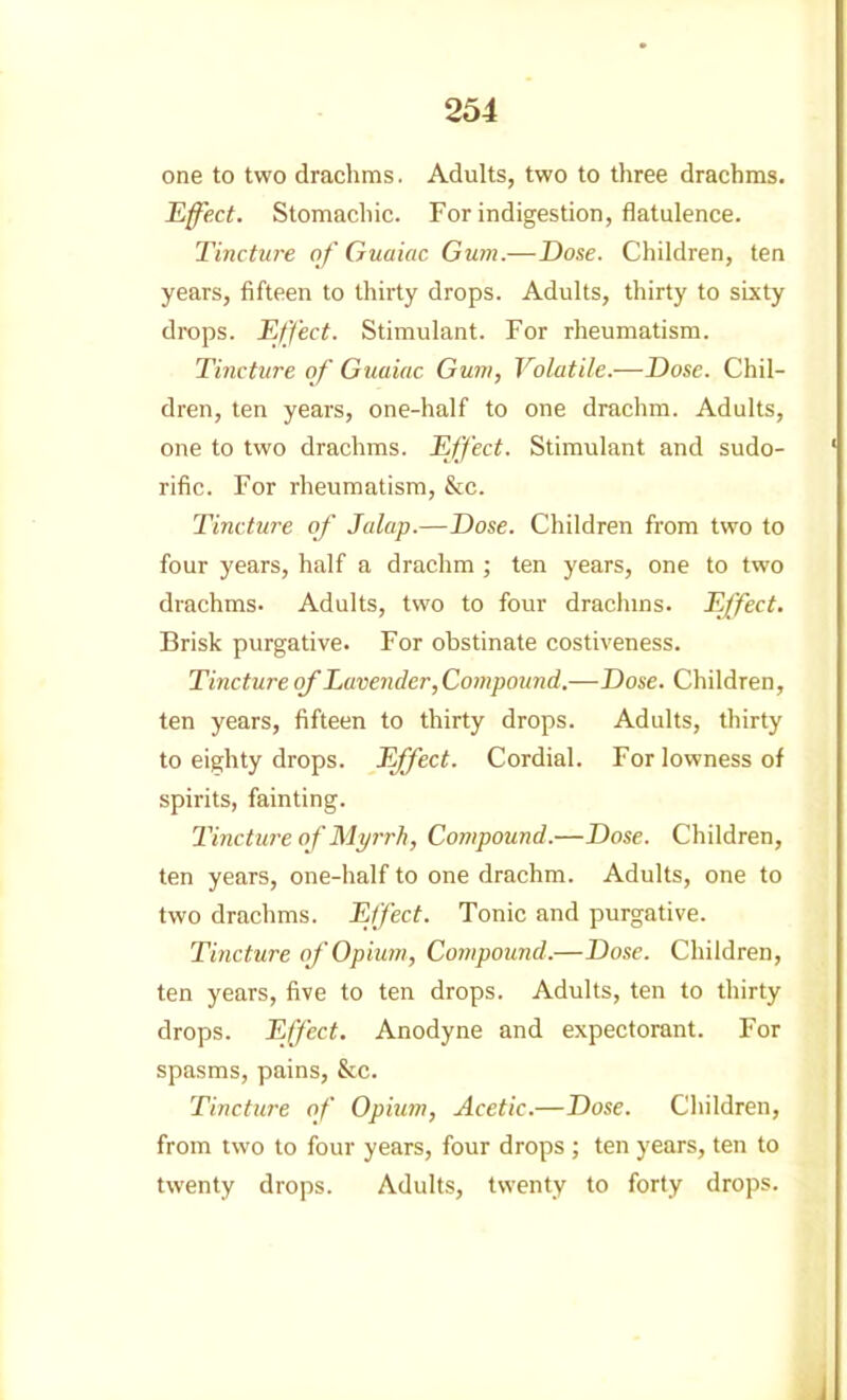 one to two drachms. Adults, two to three drachms. Effect. Stomachic. For indigestion, flatulence. Tincture of Guaiac Gum.—Dose. Children, ten years, fifteen to thirty drops. Adults, thirty to sixty drops. Effect. Stimulant. For rheumatism. Tincture of Guaiac Gum, Volatile.—Dose. Chil- dren, ten years, one-half to one drachm. Adults, one to two drachms. Effect. Stimulant and sudo- rific. For rheumatism, &c. Tincture of Jalap.—Dose. Children from two to four years, half a drachm ; ten years, one to two drachms. Adults, two to four drachms. Effect. Brisk purgative. For obstinate costiveness. Tincture of Lavender,Compound.—Dose. Children, ten years, fifteen to thirty drops. Adults, thirty to eighty drops. Effect. Cordial. For lowness of spirits, fainting. Tinctm-e of Myi-rli, Compound.—Dose. Children, ten years, one-half to one drachm. Adults, one to two drachms. Effect. Tonic and purgative. Tincture of Opium, Compound.—Dose. Children, ten years, five to ten drops. Adults, ten to tliirty drops. Effect. Anodyne and expectorant. For spasms, pains, &c. Tincture of Opium, Acetic.—Dose. Children, from two to four years, four drops ; ten years, ten to twenty drops. Adults, twenty to forty drops.
