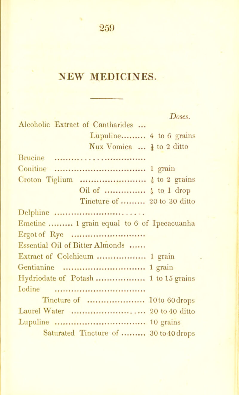251) NEW MEDICINES. Doses. Alcoholic Extract of Cantharides ... Lupuline 4 to 6 grains Nux Vomica ... J to 2 ditto Brucine Conitine 1 grain Croton Tiglium ^ to 2 grains Oil of 5 to 1 drop Tincture of 20 to 30 ditto Delpliine Emetine 1 grain equal to 6 of Ipecacuanha Ergot of Rye Essential Oil of Bitter Almonds Extract of Colchicum 1 grain Gentianine 1 grain Hydriodate of Potash 1 to 15 grains Iodine Tincture of 10 to 60 drops Laurel Water 20 to 40 ditto Lupuline 10 grains Saturated Tincture of 30 to 40 drops