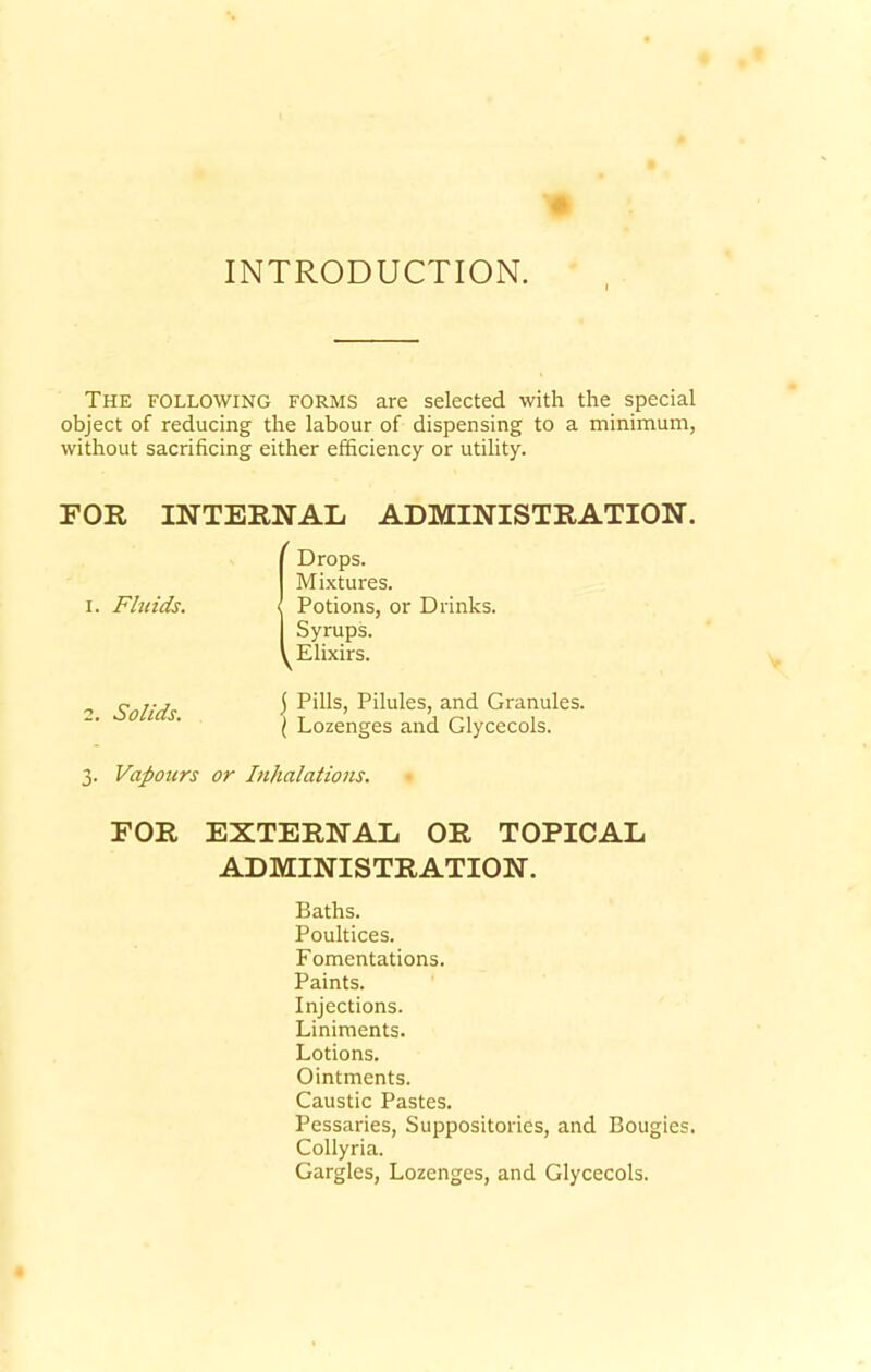 INTRODUCTION. The following forms are selected with the special object of reducing the labour of dispensing to a minimum, without sacrificing either efficiency or utility. FOR INTERNAL ADMINISTRATION. i. Fluids. (Drops. Mixtures. Potions, or Drinks. Syrups. Elixirs. 2. Solids. j Pills, Pilules, and Granules. ( Lozenges and Glycecols. 3. Vapours or Inhalations. FOR EXTERNAL OR TOPICAL ADMINISTRATION. Baths. Poultices. Fomentations. Paints. Injections. Liniments. Lotions. Ointments. Caustic Pastes. Pessaries, Suppositories, and Bougies. Collyria. Gargles, Lozenges, and Glycecols.