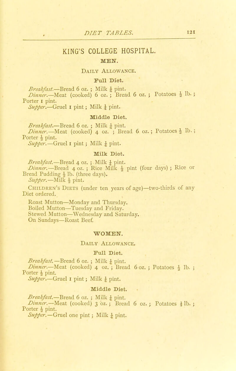 KING’S COLLEGE HOSPITAL. MEW. Daily Allowance. Pull Diet. Breakfast.—Bread 6 oz. ; Milk J pint. Dinner.—Meat (cooked) 6 oz. ; Bread 6 oz. ; Potatoes 4 lb. ; Porter I pint. Supper.—Gruel I pint; Milk J pint. Middle Diet. Breakfast.—Bread 6 oz. ; Milk J pint. Dinner.—Meat (cooked) 4 oz. ; Bread 6 oz. ; Potatoes 5 lb.; Porter J pint. Supper.—-Gruel 1 pint; Milk J pint. Milk Diet. Breakfast.—Bread 4 oz. ; Milk \ pint. Dinner.—Bread 4 oz. ; Rice Milk ^ pint (four days) ; Rice or Bread Pudding ^ lb. (three days). Supper.—Milk J pint. Children’s Diets (under ten years of age)—two-thirds of any Diet ordered. Roast Mutton—Monday and Thursday. Boiled Mutton—Tuesday and Friday. Stewed Mutton—Wednesday and Saturday. On Sundays—Roast Beef. WOMEN. Daily Allowance, Pull Diet. Breakfast.—Bread 6 oz. ; Milk J pint. Dinner.—Meat (cooked) 4 oz. ; Bread 6 oz. ; Potatoes J lb. ; Porter ^ pint. Supper.—Gruel 1 pint; Milk J pint. Middle Diet. Breakfast.—Bread 6 oz. ; Milk J pint. Dinner.—Meat (cooked) 3 oz.; Bread 6 oz.; Potatoes £ lb. ; Porter £ pint. Supper.—Gruel one pint; Milk £ pint.