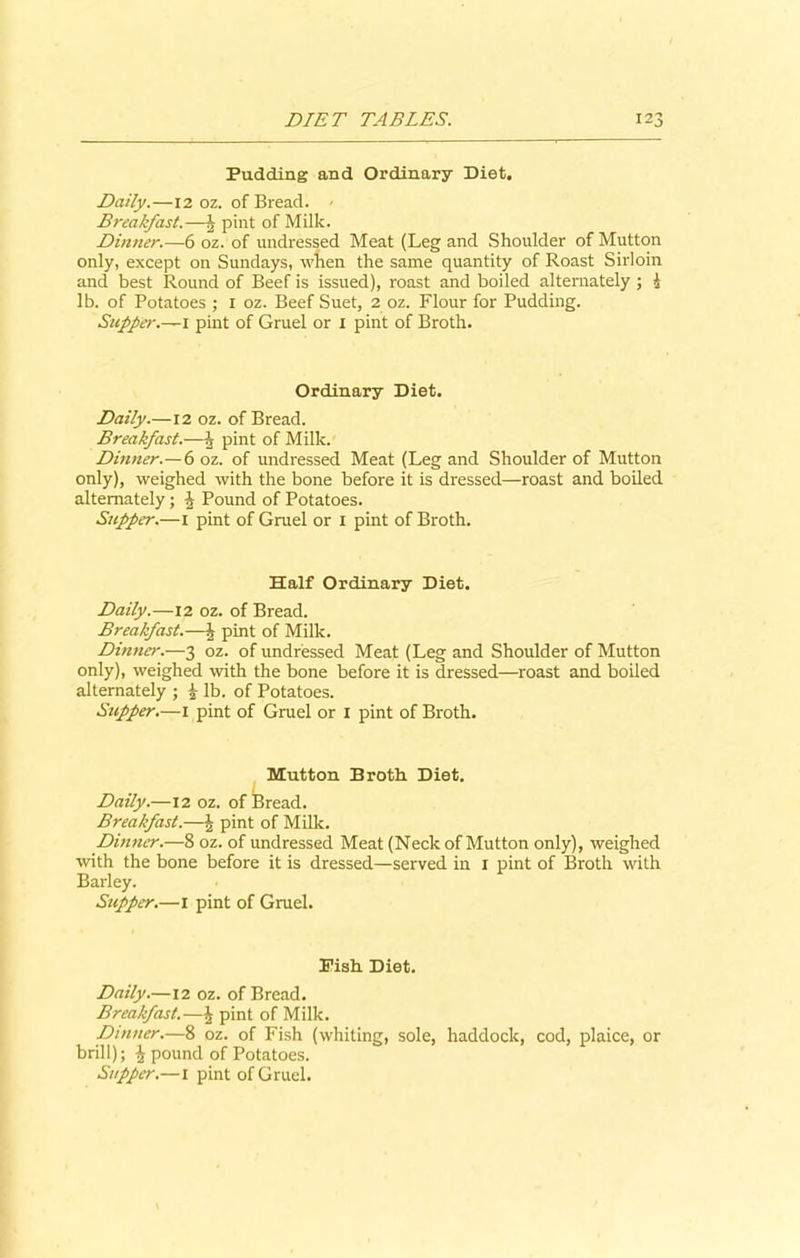 Pudding and Ordinary Diet. Daily.—12 oz. of Bread. - Breakfast.—h pint of Milk. Dinner.—6 oz. of undressed Meat (Leg and Shoulder of Mutton only, except on Sundays, when the same quantity of Roast Sirloin and best Round of Beef is issued), roast and boiled alternately ; 4 lb. of Potatoes ; 1 oz. Beef Suet, 2 oz. Flour for Pudding. Supper.—1 pint of Gruel or 1 pint of Broth. Ordinary Diet. Daily.—12 oz. of Bread. Breakfast.—h pint of Milk. Dinner.— 6 oz. of undressed Meat (Leg and Shoulder of Mutton only), weighed with the bone before it is dressed—roast and boiled alternately; h Pound of Potatoes. Supper.—1 pint of Gruel or 1 pint of Broth. Half Ordinary Diet. Daily.—12 oz. of Bread. Breakfast.—4 pint of Milk. Dinner.—3 oz. of undressed Meat (Leg and Shoulder of Mutton only), weighed with the bone before it is dressed—roast and boiled alternately ; 4 lb. of Potatoes. Supper.—1 pint of Gruel or I pint of Broth. Mutton Broth Diet. Daily.—12 oz. of Bread. Breakfast.—| pint of Milk. Dinner.—8 oz. of undressed Meat (Neck of Mutton only), weighed with the bone before it is dressed—served in 1 pint of Broth with Barley. Supper.—1 pint of Gruel. Pish Diet. Daily.—12 oz. of Bread. Breakfast.—\ pint of Milk. Dinner.—8 oz. of Fish (whiting, sole, haddock, cod, plaice, or brill); i pound of Potatoes. Supper.—1 pint of Gruel.