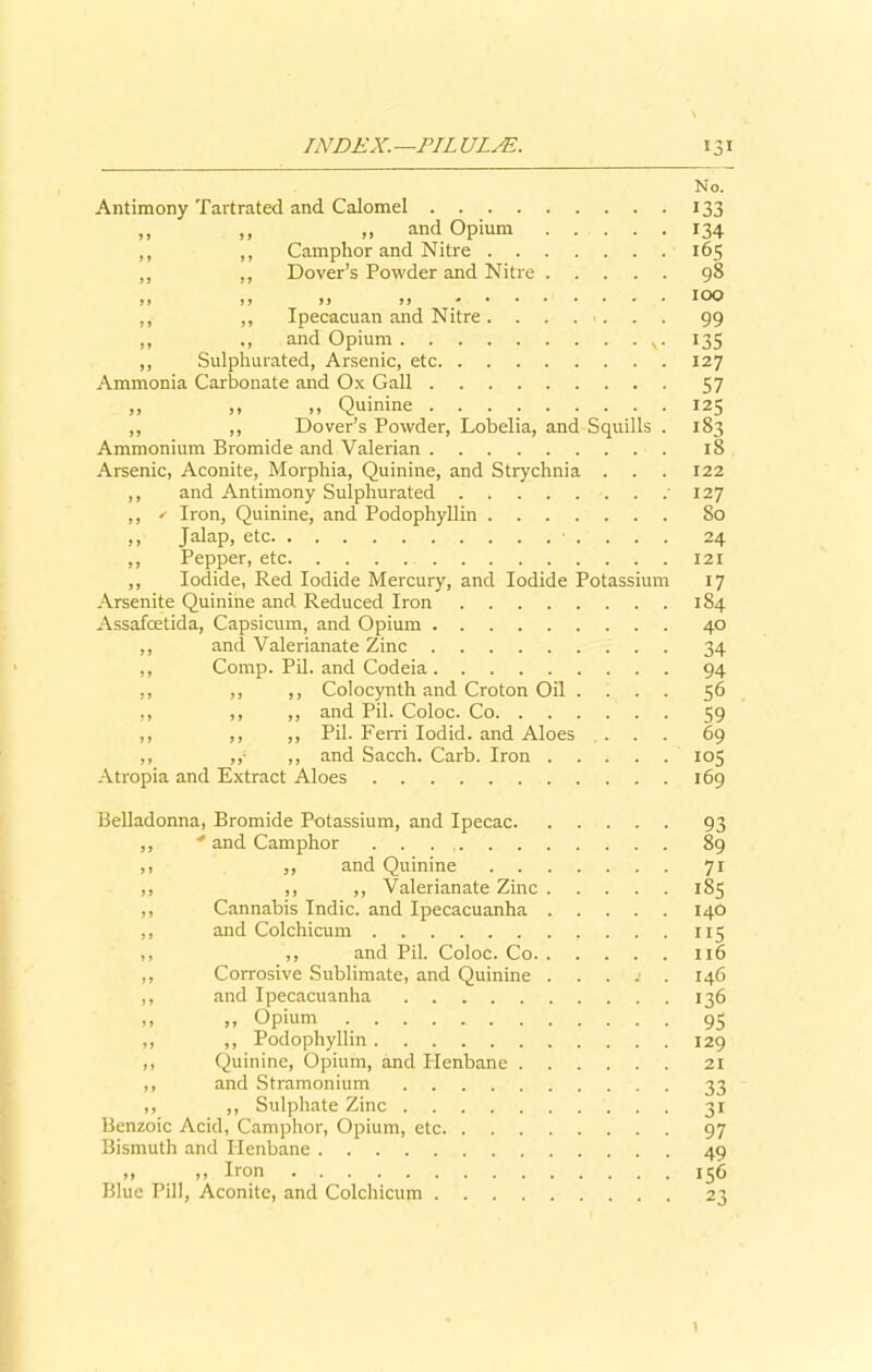 Antimony Tartrated and Calomel „ ,, „ and Opium ,, ,, Camphor and Nitre ,, ,, Dover’s Powder and Nitre ,, ,, Ipecacuan and Nitre....... ,, and Opium v. ,, Sulphurated, Arsenic, etc Ammonia Carbonate and Ox Gall „ ,, „ Quinine ,, ,, Dover’s Powder, Lobelia, and Squills . Ammonium Bromide and Valerian Arsenic, Aconite, Morphia, Quinine, and Strychnia . ,, and Antimony Sulphurated • ,, <• Iron, Quinine, and Podophyllin ,, Jalap, etc . . . ,, Pepper, etc ,, Iodide, Red Iodide Mercury, and Iodide Potassium Arsenite Quinine and Reduced Iron Assafcetida, Capsicum, and Opium ,, and Valerianate Zinc ,, Comp. Pil. and Codeia ,, ,, ,, Colocynth and Croton Oil . . ,, ,, ,, and Pil. Coloc. Co ,, ,, ,, Pil. Ferri Iodid. and Aloes . . . ,, ,i ,, and Sacch. Carb. Iron Atropia and Extract Aloes No. 133 134 165 98 100 99 135 127 57 125 183 18 122 127 So 24 121 17 184 40 34 94 56 59 69 i°5 169 Belladonna, Bromide Potassium, and Ipecac ,, * and Camphor ,, ,, and Quinine ,, ,, ,, Valerianate Zinc ,, Cannabis Indie, and Ipecacuanha ,, and Colchicum ,, ,, and Pil. Coloc. Co ,, Corrosive Sublimate, and Quinine . . . j . ,, and Ipecacuanha ,, ,, Opium ,, ,, Podophyllin ,, Quinine, Opium, and Henbane ,, and Stramonium ,, ,, Sulphate Zinc Benzoic Acid, Camphor, Opium, etc Bismuth and Henbane „ ,, Iron Blue Pill, Aconite, and Colchicum 93 89 7i 185 140 5 116 146 136 95 129 33 3i 97 49 156 23 t