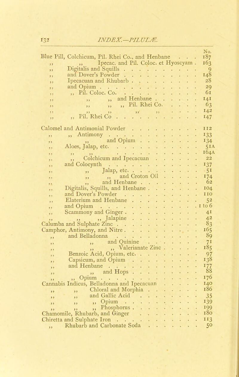 No. Blue Pill, Colchicum, Pil. Rhei Co., and Henbane . . . 187 ,, ,, Ipecac, and Pil. Coloc. et Hyoscyam . 163 ,, Digitalis and Squills 9 ,, and Dover’s Powder 148 ,, Ipecacuan and Rhubarb 28 ,, and Opium 29 ,, ,, Pil. Coloc. Co 61 ,, ,, ,, and Henbane 141 ,, ,, ,, ,, Pil. Rhei Co 63 >>' >j .... 142 ,, ,, Pil. Rhei Co 147 Calomel and Antimonial Powder 112 ,, ,, Antimony 133 ,, ,, and Opium 134 ,, Aloes, Jalap, etc 5IA it 11 a * 64A ,, ,, Colchicum and Ipecacuan 22 ,, and Colocynth 137 ,, Jalap, etc 51 ,, ,, ,, and Groton Oil 174 ,, ,, and Henbane 62 ,, Digitalis, Squills, and Henbane 104 ,, and Dover’s Powder no ,, Elaterium and Henbane 52 ,, and Opium 1 to 6 ,, Scammony and Ginger 41 ,, Jalapine 42 Calumba and Sulphate Zinc 83 Camphor, Antimony, and Nitre 165 ,, and Belladonna 89 ,, ,, and Quinine 71 ,, ,, ,, Valerianate Zinc 185 ,, Benzoic Acid, Opium, etc 97 ,, Capsicum, and Opium 138 ,, and Henbane 177 ,, ,, and Hops 88 ,, ,, Opium 176 Cannabis Indicus, Belladonna and Ipecacuan 140 ,, ,, Chloral and Morphia 186 ,, ,, and Gallic Acid 35 ,, „ ,, Opium 139 ,, ,, ,, Phosphorus 199 Chamomile, Rhubarb, and Ginger 180 Chiretta and Sulphate lion 113 ,, Rhubarb and Carbonate Soda 5°