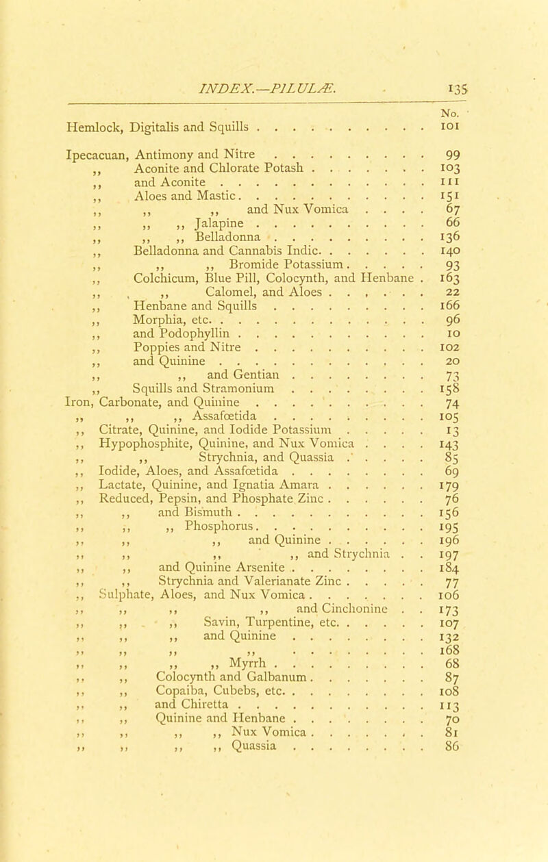 Hemlock, Digitalis and Squills No. 101 Ipecacuan, Antimony and Nitre ,, Aconite and Chlorate Potash ,, and Aconite ,, Aloes and Mastic ,, ,, ,, and Nux Vomica . . . . ,, »> ,, Jalapine ,, ,, ,, Belladonna ,, Belladonna and Cannabis Indie ,, ,, ,, Bromide Potassium ,, Colchicum, Blue Pill, Colocynth, and Henbane . ,, , ,, Calomel, and Aloes ...... ,, Henbane and Squills ,, Morphia, etc ,, and Podophyllin ,, Poppies and Nitre ,, and Quinine Iron ,, and Gentian Squills and Stramonium Carbonate, and Quinine ,, ,, Assafoetida ......... Citrate, Quinine, and Iodide Potassium Hypophosphite, Quinine, and Nux Vomica . ,, Strychnia, and Quassia .'.... Iodide, Aloes, and Assafoetida Lactate, Quinine, and Ignatia Amara Reduced, Pepsin, and Phosphate Zinc ,, and Bismuth ,, ,, Phosphorus ,, ,, and Quinine ,, ,, ' ,, and Strychnia . ,, and Quinine Arsenite ,, Strychnia and Valerianate Zinc . . . . . Sulphate, Aloes, and Nux Vomica ....... ,, ,, ,, and Cinchonine . ,, ,, Savin, Turpentine, etc ,, ,, and Quinine J) • • ,, „ Myrrh . . . Colocynth and Galbanum. Copaiba, Cubebs, etc. . . and Chiretta Quinine and Plenbane . . ,, ,, Nux Vomica . ,, ,, Quassia . . 99 103 hi 151 67 66 136 140 93 163 22 166 96 10 102 20 73 158 74 io5 69 179 76 156 195 196 197 184 77 106 173 107 132 168 68 87 108 113 70 81 86