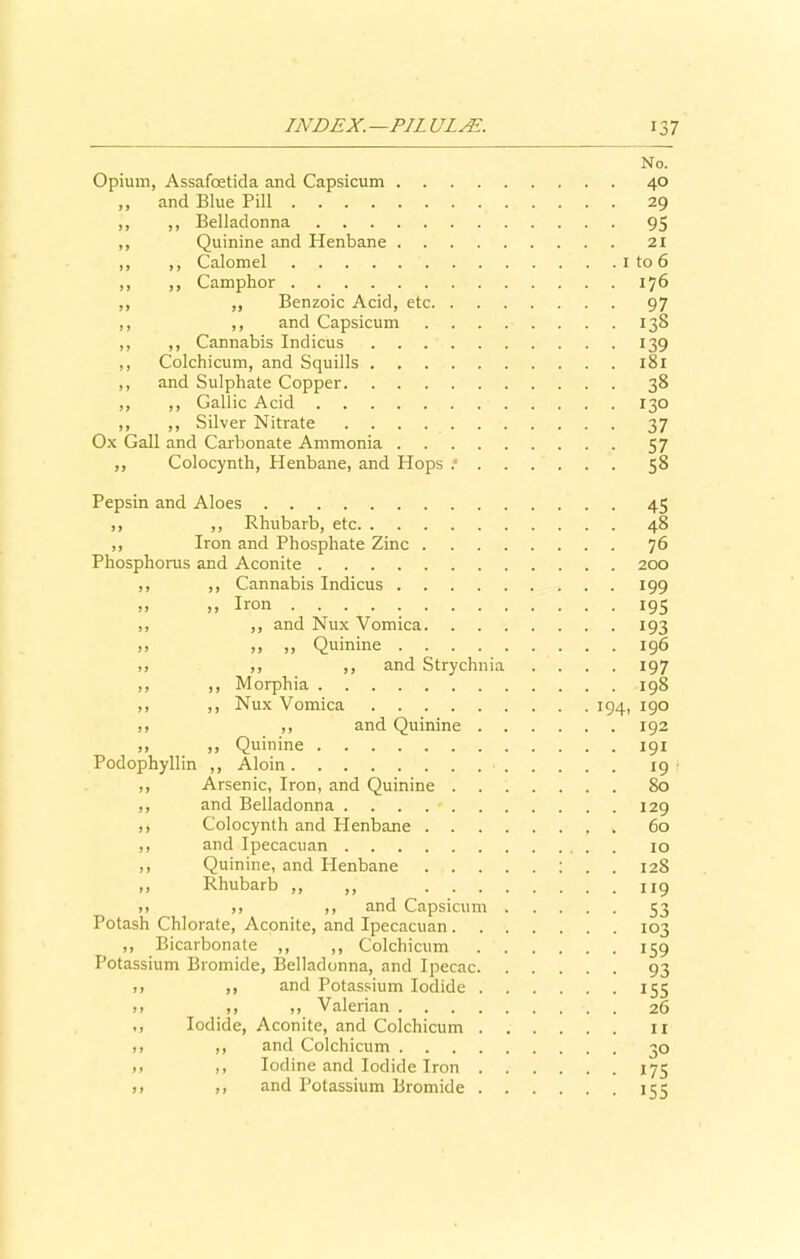 Opium, Assafcetida and Capsicum ,, and Blue Pill .... ,, ,, Belladonna . . ,, Quinine and Henbane ,, ,, Calomel .... ,, ,, Camphor .... ,, ,, Benzoic Acid, etc. . ,, ,, and Capsicum ,, ,, Cannabis Indicus .... ,, Colchicum, and Squills .... ,, and Sulphate Copper ,, ,, Gallic Acid ,, ,, Silver Nitrate Ox Gall and Carbonate Ammonia . ,, Colocynth, Henbane, and Plops ; No. 40 29 95 21 1 to 6 176 97 133 139 181 38 130 37 57 58 Pepsin and Aloes 45 ,, ,, Rhubarb, etc 48 ,, Iron and Phosphate Zinc 76 Phosphorus and Aconite 200 ,, ,, Cannabis Indicus 199 » ,, Iron 195 ,, ,, and Nux Vomica 193 >, ,, „ Quinine 196 ,, ,, ,, and Strychnia .... 197 ,, ,, Morphia 198 ,, ,, Nux Vomica 194, 190 ,, ,, and Quinine 192 ,, ,, Quinine 191 Podophyllin ,, Aloin 19 ,, Arsenic, Iron, and Quinine 80 ,, and Belladonna 129 ,, Colocynth and Plenbane , . 60 ,, and Ipecacuan 10 ,, Quinine, and Henbane : 128 „ Rhubarb „ „ 119 >> ,, ,, and Capsicum 53 Potash Chlorate, Aconite, and Ipecacuan 103 ,, Bicarbonate ,, ,, Colchicum 159 Potassium Bromide, Belladonna, and Ipecac 93 ,, ,, and Potassium Iodide 155 >> ,, ,, Valerian 26 ,, Iodide, Aconite, and Colchicum xi ,, ,, and Colchicum 30 >. ,, Iodine and Iodide Iron 175 11 ,, and Potassium Bromide 155