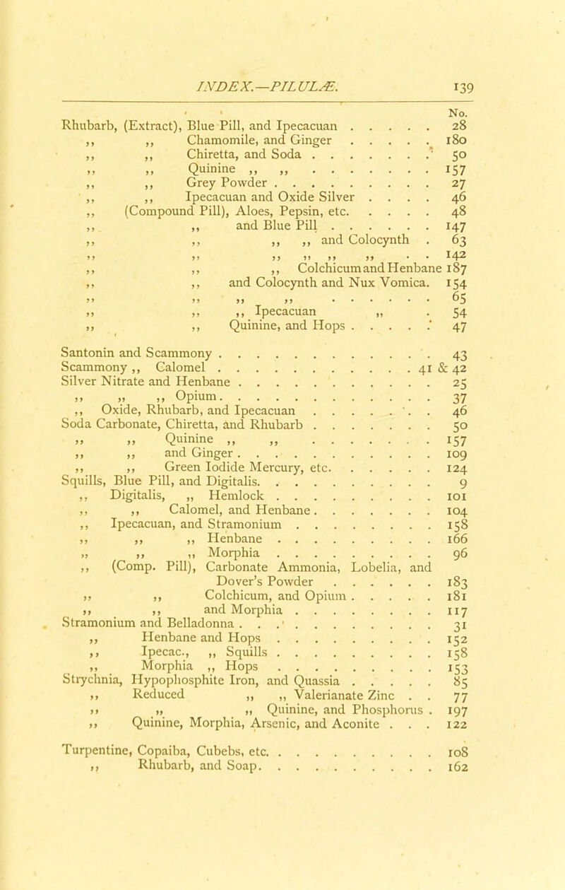 No. Rhubarb, (Extract), Blue Pill, and Ipecacuan 28 ,, ,, Chamomile, and Ginger 180 ,, ,, Chiretta, and Soda * 50 „ „ Quinine ,, 157 ,, ,, Grey Powder 27 ,, ,, Ipecacuan and Oxide Silver .... 46 ,, (Compound Pill), Aloes, Pepsin, etc 48 ,, ,, and Blue Pill 147 ,, ,, ,, ,, and Colocynth . 63 rr ,, , > ..142 ,, Colchicumand Henbane 187 and Colocynth and Nux Vomica. 154 »> 65 ,, Ipecacuan „ . 54 Quinine, and Hops . ... .' 47 Santonin and Scammony 43 Scammony ,, Calomel 41 & 42 Silver Nitrate and Henbane 25 .» >> Opium 37 ,, Oxide, Rhubarb, and Ipecacuan '. . 46 Soda Carbonate, Chiretta, and Rhubarb 50 » ». Quinine ,, „ 157 ,, ,, and Ginger 109 ,, ,, Green Iodide Mercury, etc 124 Squills, Blue Pill, and Digitalis 9 ,, Digitalis, „ Hemlock 101 ,, ,, Calomel, and Plenbane 104 ,, Ipecacuan, and Stramonium 158 ,, ,, ,, Henbane 166 „ ,, „ Morphia 96 ,, (Comp. Pill), Carbonate Ammonia, Lobelia, and Dover’s Powder 183 ,, ,, Colchicum, and Opium 181 ,, ,, and Morphia 117 Stramonium and Belladonna . . . • 31 ,, Plenbane and Hops 152 ,, Ipecac., ,, Squills 158 „ Morphia „ Hops 153 Strychnia, Hypophosphite Iron, and Quassia 85 ,, Reduced ,, ,, Valerianate Zinc . . 77 >> „ „ Quinine, and Phosphorus . 197 ,, Quinine, Morphia, Arsenic, and Aconite . . . 122 Turpentine, Copaiba, Cubebs, etc 10S ,, Rhubarb, and Soap 162