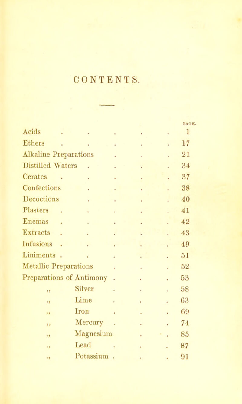 CONTENTS. PAGE. Acids . . . . .1 Ethers . . . . .17 Alkaline Preparations . . .21 Distilled Waters . . . .34 Cerates . . . . .37 Confections . . . .38 Decoctions . . . .40 Plasters . . . . .41 Enemas . . . . .42 Extracts . . . . .43 Infusions . . . . .49 Liniments . . . . .51 Metallic Preparations . . .52 Preparations of Antimony . . .53 „ Silver . . .58 „ Lime . . .63 „ Iron . . .69 „ Mercury . . .74 „ Magnesium . . 85 ,, Lead . . .87 ,, Potassium . . .91