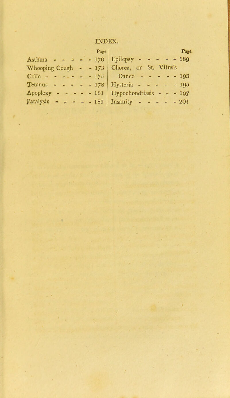 Page Asthma ----- 170 Whooping Cough - - 1/3 Colic - - - - - 175 Tetanus - - - - - 178 Apoplexy ----- I8I paralysis - - - - - 185 Page Epilepsy - •• - - - I89 Chorea, or St. Vitus’s Dance ----- 193 Hysteria - - - - - 1Q5 Hypochondriasis - - - 107 Insanity ----- 201