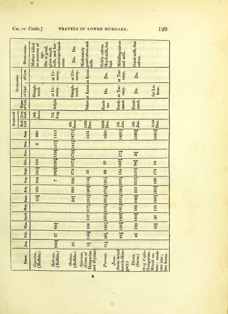 s _o ■3 » S Mother killed on account of age. She is good, gives much milk, and her calves are nanu- some. Do. Do. Moderately good calves and milk. Sickly calves. Much milk, but bad. Middling calves and milk. Good milk, fine calves. Destination of Cow. at Ur- meny. at Ur- meny. at Keszi. Do. at Tar- rany. Do, of Calf. Slaugh- tered. at Ur- meny. Slaugh. tered. at Keszi. Do. at Tar- rany. Do. for La- bour. Name of Calt: Adyla Feker. Rech- ter. Ferdi- nand. Ferdi- nand. Produced P Calf, 9th June 7th Aug. Calf. 4th June 10th Dec. 20th Dec. 5th Jan. 5th Jan. 31st Dec. Sum. 00 ZJ^^J^-^'o 0 1 ^ 1-1 ^  pH I—1 1—1 Dec. 0<M> 0)i* CO -I 00 T-l 1—( Nov. 05 Oi ?tf 0)1* Oct. <^ S 5; 00 0 ^ «^ Sept. o»l* 0<w .J, o>W< ^ Aug. - § % ^ -< ^ <N (N July. S 2? S7 2? ^ 2 Jiuie. nH> ^'I* »o 2; 00 00 00 00 May. i-W 1* oil* -I, »>• ^ to . 23 r=. April. , of* fell* WW KT 00 Oi ■«?< *2 05 00 05 ^ rH I—1 1—1 Mar. ^ « of =^ ?c ^ ^ z: ^ ^ Feb. rif ^ CO 00 00 ^ g 00 s W5 CO IjT 2 Name. Gyurtsa. (Buffalo.) Bukross. (Buffalo.) Oudass. (Buffalo.) Szorossa. (Cross of Hungarian and Styrian) Porossa. Juna. (Swiss breed born in Hun- gary.) Diana. (Swiss.) Oreg Csako. Hungarian. Mixed co- lour; mode rate size ; fine horns. R