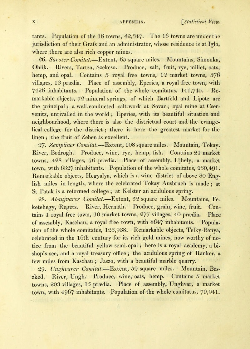 tants. Population of tlie 16 towns, 42,347. The 16 towns are under the jurisdiction of their Grafs and an administrator, whose residence is at Iglo, where there are also rich copper mines. 26. Saroser Comitat.—Extent, 6.5 square miles. Mountains, Simonka, Oblijk. Rivers, Tartza, Szekcso. Produce, salt, fruit, rye, millet, oats, hemp, and opal. Contains 3 royal free towns, 12 market towns, 376 villages, 13 pr^edia. Place of assembly, Eperies, a royal free town, with 7426 inhabitants. Population of the whole comitatus, 141,745. Re- markable objects, 72 mineral springs, of which Bartfeld and Lipotz are the principal ; a well-conducted salt-work at Sovar; opal mine at Cser- venitz, unrivalled in the world ; Eperies, with its beautiful situation and neighbourhood, where there is also the districtual court and the evange- lical college for the district; there is here the greatest market for the linen ; the fruit of Zeben is excellent. 27. ZempUner Comitat.—Extent, 108 square miles. Mountain, Tokay. River, Bodrogh. Produce, wine, rye, hemp, fish. Contains 24 market towns, 428 villages, 76 praedia. Place of assembly, Ujhely, a market town, with 6327 inhabitants. Population of the whole comitatus, 230,491. Remarkable objects, Hegyalya, which is a wine district of above 30 Eng- lish miles in length, Avhere the celebrated Tokay Ausbruch is made; at St Patak is a reformed college ; at Kelster an acidulous spring. 28. Abaiijvarcr Comitat.—Extent, 52 square miles. Mountains, Fe- ketehegy, Regetz. River, Hernath. Produce, grain, wine, fruit. Con- tains 1 royal free town, 10 market towns, 277 villages, 40 prjedia. Place of assembly, Kaschau, a royal free town, with -8647 inhabitants. Popula- tion of the whole comitatus, 123,938. Remarkable objects, Telky-Banya, celebrated in the l6th century for its rich gold mines, now worthy of no- tice from the beautiful yellow semi-opal ; here is a royal academy, a bi- shop's see, and a royal treasury office ; the acidulous spring of Ranker, a few miles from Kaschau ; Jaszo, with a beautiful marble quarry. 29. Unghvarer Comitat.—Extent, 59 square miles. Mountain, Bes- zked. River, Ungh. Produce, wine, oats, hemp. Contains 5 market towns, 203 villages, 15 preedia. Place of assembly, Unghvar, a market town, with 4967 inhabitants. Population of the whole comitatus, 79,041,