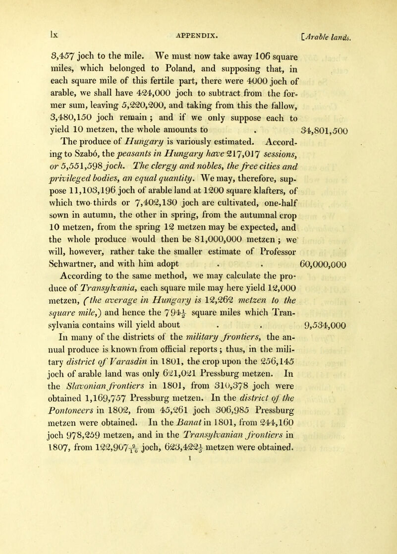 3,4f5'7 joch to the mile. We must now take away 106 square miles, which belonged to Poland, and supposing that, in each square mile of this fertile part, there were 4000 joch of arable, we shall have 424,000 joch to subtract from the for- mer sum, leaving 5,220,200, and taking from this the fallow, 3,480,150 joch remain ; and if we only suppose each to yield 10 metzen, the whole amounts to . 34,801,500 The produce of Hungary is variously estimated. Accord- ing to Szabd, the peasants in Hungary have 217,017 sessions, or 5^551,59^ joch. The clergy and nobles, the free cities and privileged bodies, an equal quantity. We may, therefore, sup- pose 11,103,196 joch of arable land at 1200 square klafters, of which two thirds or 7j4'02,130 joch are cultivated, one-half sown in autumn, the other in spring, from the autumnal crop 10 metzen, from the spring 12 metzen may be expected, and the whole produce would then be 81,000,000 metzen; we will, however, rather take the smaller estimate of Professor Schwartner, and with him adopt . . 60,000,000 According to the same method, we may calculate the pro- duce of Transylvania, each square mile may here yield 12,000 metzen, (the average in Hungary is 12,262 metzen to the square mile,) and hence the 794|^ square miles which Tran- sylvania contains will yield about . . 9,534,000 In many of the districts of the military frontiers, the an- nual produce is known from official reports ; thus, in the mili- tary district of Varasdin in 1801, the crop upon the 256,145 joch of arable land was only 621,021 Pressburg metzen. In the Slavonian frontiers in 1801, from 310,378 joch were obtained 1,169,7^7 Pressburg metzen. In the district of the Pontoneers in 1802, from 45,261 joch 306,985 Pressburg metzen were obtained. In the Banat'm 1801, from 244,160 joch 978,259 metzen, and in the Transylvanian frontiers in 1807, from 122,907^96 joch, 623,422^ metzen were obtained. 1 1