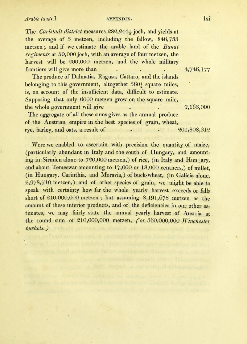 The Carlstadt district measures 282,244|- joch, and yields at the average of 3 metzen, including the fallow, 846,733 metzen; and if we estimate the arable land of the Banat regiments at 50,000 joch, with an average of four metzen, the harvest will be 200,000 metzen, and the whole military frontiers will give more than . . . 4,746,177 The produce of Dalmatia, Ragusa, Cattaro, and the islands belonging to this government, altogether 360J- square miles, is, on account of the insufficient data, difficult to estimate. Supposing that only 6000 metzen grow on the square mile, the whole government will give . . 2,163,000 The aggregate of all these sums gives as the annual produce of the Austrian empire in the best species of grain, wheat, rye, barley, and oats, a result of - - 201,808,312 Were we enabled to ascertain with precision the quantity of maize, (particularly abundant in Italy and the south of Hungary, and amount- ing in Sirmien alone to 720>000 metzen,) of rice, (in Italy and Hun -ary, and about Temeswar amounting to 17,000 or 18,000 centners,) of millet, (in Hungary, Carinthia, and Moravia,) of buck-wheat, (in Galicia alone, 5,978,710 metzen,) and of other species of grain, we might be able to speak with certainty how far the whole yearly harvest exceeds or falls short of 210,000,000 metzen ; but assuming 8,191,678 metzen as the amount of these inferior products, and of the deficiencies in our other es- timates, we may fairly state the animal yearly harvest of Austria at the round sura of 210,000,000 metzen, for 360,000,000 Winchester bushels.)