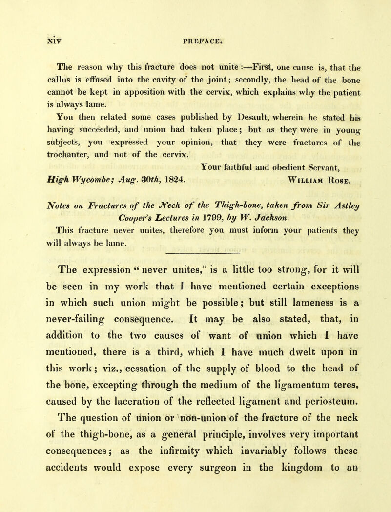 The reason why this fracture does not unite :—First, one cause is, that the callus is effused into the cavity of the joint; secondly, the head of the bone cannot be kept in apposition with the cervix, which explains why the patient is always lame. You then related some cases published by Desault, wherein he stated his having succeeded, and union had taken place; but as they were in young subjects, you expressed your opinion, that they were fractures of the trochanter, and not of the cervix. Your faithful and obedient Servant, High Wycombe; Aug. 30th, 1824. William Rose. Notes on Fractures of the JVech of the Thigh-bone, taken from Sir Astley Cooper's Lectures in 1799, by TV. Jackson. This fracture never unites, therefore you must inform your patients they will alwavs be lame. The expression  never unites/' is a little too strong, for it will be seen in my work that I have mentioned certain exceptions in which such union might be possible; but still lameness is a never-failing consequence. It may be also stated, that, in addition to the two causes of want of union which I have mentioned, there is a third, which I have much dwelt upon in this work; viz., cessation of the supply of blood to the head of the bone, excepting through the medium of the ligamentum teres, caused by the laceration of the reflected ligament and periosteum. The question of linion or ndh-union of the fracture of the neck of the thigh-bone, as a general principle, involves very important consequences; as the infirmity which invariably follows these accidents would expose every surgeon in the kingdom to an