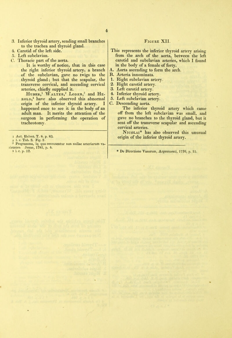 3. Inferior thyroid artery, sending small branches to the trachea and thyroid gland. 4. Carotid of the left side. 5. Left subclavian. C. Thoracic part of the aorta. It is worthy of notice, that in this case the right inferior thyroid artery, a branch of the subclavian, gave no twigs to the thyroid gland; but that the scapular, the transverse cervical, and ascending cervical arteries, chiefly supplied it. Hdber,^ Walter,^ Loder,^ and He- ROLD,* have also observed this abnormal origin of the inferior thyroid artery. I happened once to see it in the body of an adult man. It merits the attention of the surgeon in performing the operation of tracheotomy. 1 Act. Helvet. T. 8. p. 8.3. 2 1. c. Tab. 3, Fig. 2. ^ Programma, in quo recensentur non nullae arteriarum va- rietates. Jenae, 1781, p. 4. 4 1. c. p. 12. Figure XII. This represents the inferior thyroid artery arising from the arch of the aorta, between the left carotid and subclavian arteries, which I found in the body of a female of forty. A. Aorta ascending to form the arch. B. Arteria innominata. 1. Right subclavian artery. 2. Right carotid artery. 3. Left carotid artery. 4. Inferior thyroid artery. 5. Left subclavian artery. C. Descending aorta. The inferior thyroid artery which came off from the left subclavian was small, and gave no branches to the thyroid gland, but it sent off the transverse scapular and ascending cervical arteries. NicoLAi* has also observed this unusual origin of the inferior thyroid artery. * De Directione Vasorum, Argentorati, 1726, p. 25.