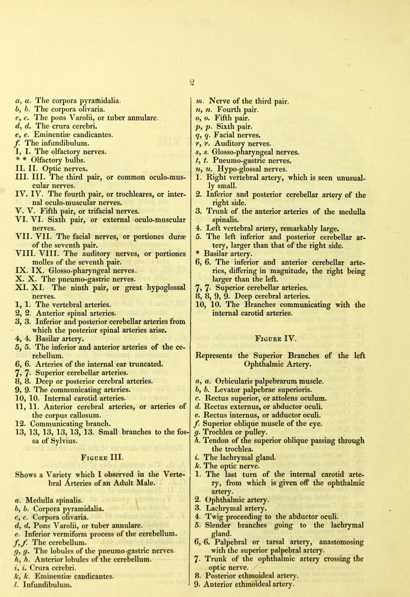 a, a. The corpora pyraitiidalia. b, h. The corpora olivaria. c, c. The pons Varolii, or tuber annulare. d, d. The crura cerebri. e, e. Eminentise candicantes. f, The infundibulum. I. I. The olfactory nerves. * * Olfactory bulbs. II. II. Optic nerves. III. III. The third pair, or common oculo-mus- cular nerves. IV. IV. The fourth pair, or trochleares, or inter- nal oculo-muscular nerves. V. V. Fifth pair, or trifacial nerves, VI. VI. Sixth pair, or external oculo-muscular nerves. VII. VII. The facial nerves, or portiones durae of the seventh pair. VIII. VIII. The auditory nerves, or portiones moUes of the seventh pair. IX. IX. Glosso-pharyngeal nerves. X. X. The pneumo-gastric nerves. XI. XI. The ninth pair, or great hypoglossal nerves. 1, 1. The vertebral arteries. 2, 2. Anterior spinal arteries. 3, 3. Inferior and posterior cerebellar arteries from which the posterior spinal arteries arise. 4, 4. Basilar artery. 5, 5. The inferior and anterior arteries of the ce- rebellum. 6, 6. Arteries of the internal ear truncated. 7, 7- Superior cerebellar arteries. 8, 8. Deep or posterior cerebral arteries. 9, 9- The communicating arteries. 10, 10. Internal carotid arteries. 11, 11. Anterior cerebral arteries, or arteries of the corpus callosum. 12, Communicating branch. 13, 13, 13, 13, 13, 13. Small branches to the fos- sa of Sylvius. Figure III. Shows a Variety which I observed in the Verte- bral Arteries of an Adult Male. a. Medulla spinalis. 6, b. Corpora pyramidalia. c, c. Corpora oUvaria. d, d. Pons Varolii, or tuber annulare. e, Inferior vermiform process of the cerebellum. f, f. The cerebellum. g, g. The lobules of the pneumo-gastric nerves. h, h. Anterior lobules of the cerebellum. i, i. Crura cerebri. k, k. Eminentiae candicantes. /. Infundibulum. m. Nerve of the third pair, n, n. Fourth pair. 0. 0. Fifth pair. p, p. Sixth pair. q, q. Facial nerves. r, r. Auditory nerves. s, s. Glosso-pharyngeal nerves. tf t. Pneumo-gastric nerves, w, u. Hypo-glossal nerves. 1. Right vertebral artery, which is seen unusual- ly small. 2. Inferior and posterior cerebellar artery of the right side. 3. Trunk of the anterior arteries of the medulla spinalis. 4. Left vertebral artery, remarkably large. 5. The left inferior and posterior cerebellar ar- tery, larger than that of the right side. * Basilar artery. 6. 6. The inferior and anterior cerebellar arte- ries, differing in magnitude, the right being larger than the left. 7. 7- Superior cerebellar arteries. 8. 8, 9, 9. Deep cerebral arteries. 10, 10. The Branches communicating with the internal carotid arteries. Figure IV. Represents the Superior Branches of the left Ophthalmic Artery. «, a. Orbicularis palpebrarum muscle. b. b. Levator palpebrae superioris. c. Rectus superior, or attolens oculum. d. Rectus externus, or abductor oculi. e. Rectus internus, or adductor oculi. /. Superior oblique muscle of the eye. g. Trochlea or pulley. h. Tendon of the superior oblique passing through the trochlea. i. The lachrymal gland. k. The optic nerve. 1. The last turn of the internal carotid arte- ry, from which is given off the ophthalmic artery. 2. Ophthalmic artery. 3. Lachrymal artery. 4. Twig proceeding to the abductor oculi. 5. Slender branches going to the lachrymal gland. 6. 6. Palpebral or tarsal artery, anastomosing with the superior palpebral artery. 7- Trunk of the ophthalmic artery crossing the optic nerve. 8. Posterior ethmoideal artery. 9. Anterior ethmoideal artery.