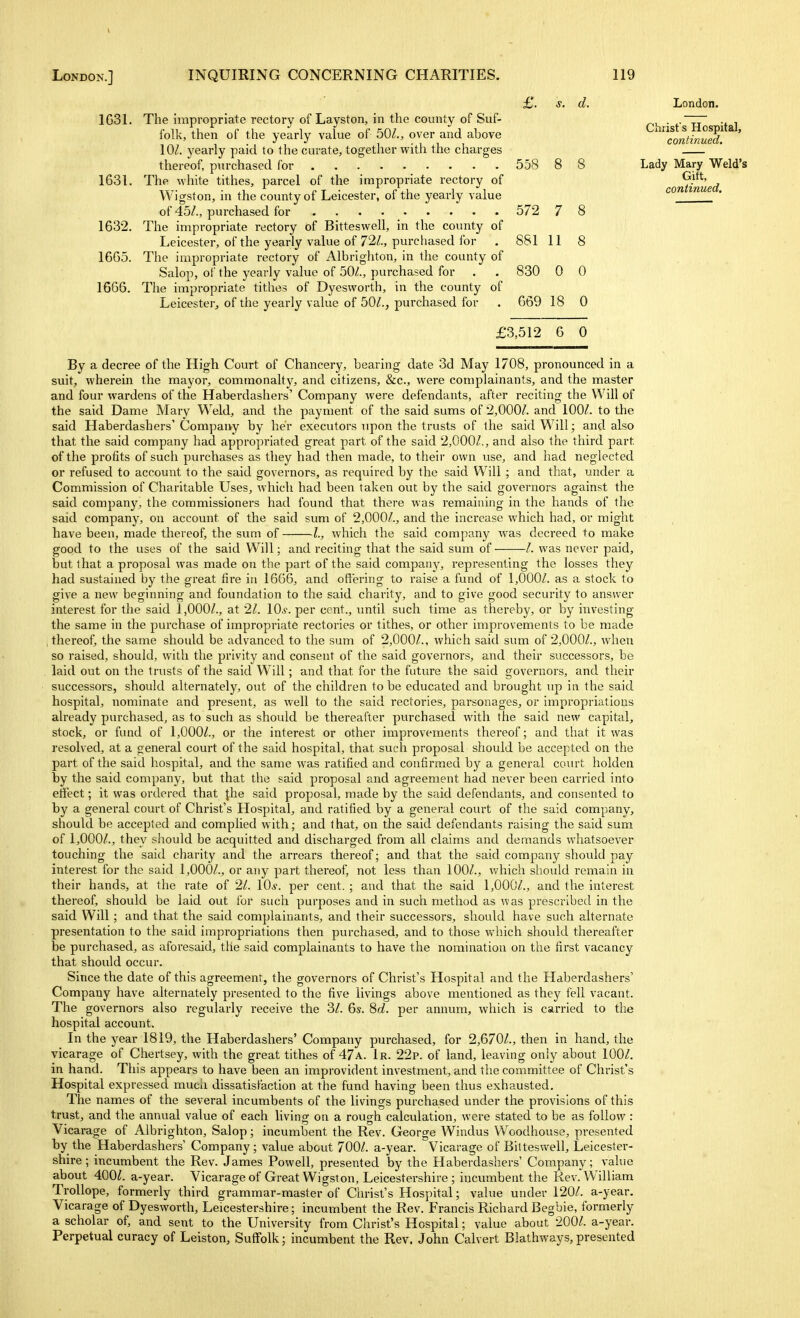 London.] INQUIRING CONCERNING CHARITIES. 119 1G31. 1631. 1632. 1665. 1666. s. The impropriate rectory of Layston, in the county of Suf- folk, then of the yearly value of 50/., over and above 10/. yearly paid to the curate, together with the charges thereof, purchased for 558 The white tithes, parcel of the impropriate rectory of Wigston, in the county of Leicester, of the yearly value of 45/., purchased for 572 The impropriate rectory of Bitteswell, in the county of Leicester, of the yearly value of 72/., purchased for . 881 11 8 The impropriate rectory of Albrighton, in the county of Salop, of the yearly value of 50/., purchased for . . 830 0 0 The impropriate tithes of Dyesworth, in the county of Leicester, of the yearly value of 50/., purchased for . 669 18 0 8 8 7 8 London. Christ's Hospital, continued. Lady Mary Weld's Gift, continued. £3,512 6 0 By a decree of the High Court of Chancery, bearing date 3d May 1708, pronounced in a suit, wherein the mayor, commonalty, and citizens, &c., were complainants, and the master and four wardens of the Haberdasliers' Company were defendants, after reciting the Will of the said Dame Mary Weld, and the payment of the said sums of 2,000/. and 100/. to the said Haberdashers'Company by her executors upon the trusts of the said Will; and also that the said company had appropriated great part of the said 2,000/., and also the third part of the profits of such purchases as they had then made, to their own use, and had neglected or refused to account to the said governors, as required by the said Will ; and that, under a Commission of Charitable Uses, which had been taken out by the said governors against the said company, the commissioners had found that there was remaining in the hands of the said company, on account of the said sum of 2,000/., and the increase which had, or might have been, made thereof, the sum of L, which the said company was decreed to make good to the uses of the said Will; and reciting that the said sum of /. was never jjaid, but lhat a proposal was made on the part of the said company, representing the losses they had sustained by the great fire in 16G6, and offering to raise a fund of 1,000/. as a stock to give a new beginning and foundation to the said charity, and to give good security to answer interest for the said 1,000/., at 21. 10s. per cent., imtil such time as thereby, or by investing the same in the purchase of impropriate rectories or tithes, or other improvements to be made , thereof, the same should be advanced to the sum of 2,000/., which said sum of 2,000/., when so raised, should, with the privity and consent of the said governors, and their successors, be laid out on the trusts of the said Will; and that for the future the said governors, and their successors, should alternately, out of the children to be educated and brought up in the said hospital, nominate and present, as well to the said rectories, parsonages, or impropriations already purchased, as to such as should be thereafter purchased with the said new capital, stock, or fund of 1,000/., or the interest or other improvements thereof; and that it was resolved, at a general court of the said hospital, that such proposal should be accepted on the part of the said hospital, and the same was ratified and confirmed by a general coiul holden by the said company, but that the said proposal pmd agreement had never been carried into effect; it was ordered that ^he said proposal, made by the said defendants, and consented to by a general court of Christ's Hospital, and ratified by a general court of the said company, should be accepted and complied with; and that, on the said defendants raising the said sum of 1,000/., they should be acquitted and discharged from all claims and demands whatsoever touching the said charity and the arrears thereof; and that the said company should pay interest for the said 1,000/., or any part thereof, not less than 100/., which should remain in their hands, at the rate of 21. lOs. per cent. ; and that the said 1,000/., and the interest thereof, should be laid out for such purposes and in such method as was prescribed in the said Will; and that the said complainants, and their successors, should have such alternate presentation to the said impropriations then purchased, and to those which should thereafter be purchased, as aforesaid, the said complainants to have the nomination on tlie first vacancy that should occur. Since the date of this agreement, the governors of Christ's Hospital and the Haberdashers' Company have alternately presented to the five livings above mentioned as they fell vacant. The governors also regularly receive the 3/. 6s. 8d. per annum, which is carried to the hospital account. In the year 1819, the Haberdashers' Company purchased, for 2,670/., then in hand, the vicarage of Chertsey, with the great tithes of 47a. 1r. 22p. of land, leaving only about 100/. in hand. This appears to have been an improvident investment, and the committee of Christ's Hospital expressed much dissatisfaction at the fund having been thus exhausted. The names of the several incumbents of the livings purchased under the provisions of this trust, and the annual value of each living on a rough calculation, were stated to be as follow : Vicarage of Albrighton, Salop; incumbent the Rev. George Windus W^oodhouse, presented by the Haberdashers' Company; value about 700/. a-year. Vicarage of Bitteswell, Leicester- shire ; incumbent the Rev. James Powell, presented by the Haberdashers' Company; value about 400/. a-year. Vicarage of Great Wigston, Leicestershire ; incumbent the Rev. William TroUope, formerly third grammar-master of Christ's Hospital; value under 120/. a-year. Vicarage of Dyesworth, Leicestershire; incumbent the Rev. Francis Richard Begbie, formerly a scholar of, and sent to the University from Christ's Hospital; value about 200/. a-year. Perpetual curacy of Leiston, Suffolk; incumbent the Rev. John Calvert Blathways, presented