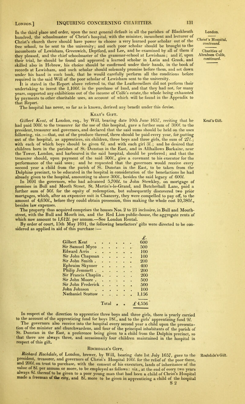 In the third place and order, upon the next general default in all the parishes of Blackheath hundred, the schoolmaster of Christ's hospital, with the minister, incumbent and lecturer of Christ's church there should have power to choose a very learned poor scholar out of the free school, to be sent to the university; and such poor scholar should be brought to the incumbents of Lewisham, Greenwich, Deptford, and Lee, and be examined by all of them if they pleased, and the chief schoolmaster of the grammar-school at Lewisham; and if, upon their trial, he should be found and approved a learned scholar in Latin and Greek, and skilled also in Hebrew, his choice should be confirmed under their hands, in the book of records at Lewisham, and such scholar should solemnly promise before them, and set down under his hand in such book, that he would carefully perform all the conditions before required in the said Will of the poor scholar of Lewisham sent to the university. It is stated in the Report above referred to, that the Leathersellers did not perform their undertaking to invest the 1,100/. in the purchase of land, and that they had not, for many years, supported any exhibitions out of the income of Colfe's estate, the whole being exhausted by payments to other charitable uses, an account of which will be found in the Appendix to that Report. The hospital has never, so far as is known, derived any benefit under this devise. Keat's Gift. Gilbert Keat, of London, esq., by Will, bearing date 10th June 1657, reciting that he had paid 300/. to the treasurer for the use of this hospital, gave a further sum of 300/. to the president, treasurer and governors, and declared that the said sums should be held on the uses following, viz.:—that, out of the produce thereof, there should be paid every year, for putting out of the hospital, as apprentices, six children, three boys and three girls, the sum of 27/.; with each of which boys should be given 6/. and with each girl 3L; and he desired that children born in the parishes of St. Dunstan in the East, and in AUhallows Barkaine, near the Tower, London, and harboured in the said hospital, should be preferred; and that the treasurer should, upon payment of the said 300/., give a covenant to his executor for the performance of the said uses; and he requested that the governors would receive every second year a child from the parish of St. Dunstan in the East, to be taken from the Dolphine precinct, to be educated in the hospital in consideration of the benefactions he had already given to the hospital, amounting to above 300/., besides the said legacy of 600/. In 1691 the governors, who had advanced 5,700/. to John Stewkley, on mortgage of premises in Bull and Mouth Street, St. Martin's-le-Grand, and Butcherhall Lane, paid a further sum of 50/. for the equity of redemption, but subsequently discovered two prior mortgages, which, after an expensive suit in Chancery, they were compelled to pay otf, to the amount of 4,630/., before they could obtain possession, thus making the whole cost 10,380/., besides law expenses. The property thus acquired comprises the houses Nos. 2 to 23 inclusive, in Bull and Mouth- street, with the Bull and Mouth inn, and the Red Lion pubUc-house, the aggregate rents of which now amount to 1,612/. per annum.—See London Rental. By order of court, 15th May 1691, the following benefactors' gifts were directed to be con- sidered as applied in aid of this purchase :— £. Gilbert Keat 600 Sir Samuel Myco ..... 500 Edward Arris 100 Sir John Chapman 100 Sir John Smith 200 Ephraim Skynner 400 Philip Jemmett 200 Sir Francis Chaplin 200 Sir John Moore 500 Sir John Frederick 500 John Johnson 100 Nathaniel Scottow 1,156 London. Christ's Hospital, continued. Charities of Abraham Colfe, continued. Keat's Gift. Total .£4,556 In respect of the direction to apprentice three boys and three girls, there is yearly carried to the account of the apprenticing fund for boys 18/., and to the girls' apprenticing fund 9/. The governors also receive into the hospital every second year a child upon the presenta- tion of the minister am! churchwardens, and four of the principal inhabitants of the parish of St. Dunstan in the East, a preference being given to a child from the Dolphin precinct, so that there are always three, and occasionally four children maintained in the hospital in respect of this gift. Rochdale's Gift. Richard Rochdale, of London, brewer, by Will, bearing date 1st July 1657, gave to the Rochdale's Gift, president, treasurer, and governors of Christ's Hospital 100/. for the rehef of the poor there, and 200/. on trust to purchase, with the consent of his executors, lands of inheritance of the value of 8/. per annum or more, to be employed as follows: viz., at the end of every two years always 8/. thereof to be given to a poor young man that had been a child of Christ's Hospital made a freeman of the city, and 8/. more to be given in apprenticing a child of the hospital S 2