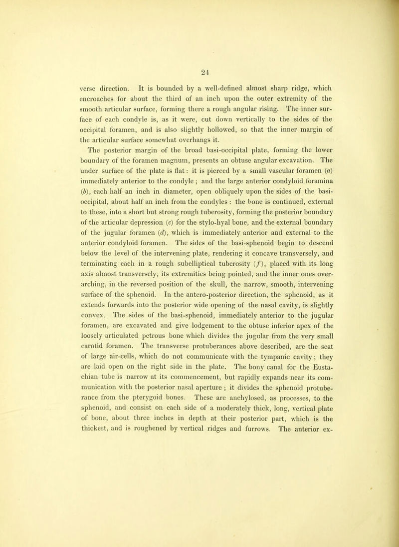 verse direction. It is bounded by a well-defined almost sharp ridge, which encroaches for about the third of an inch upon the outer extremity of the smooth articular surface, forming there a rough angular rising. The inner sur- face of each condyle is, as it were, cut down vertically to the sides of the occipital foramen, and is also shghtly hollowed, so that the inner margin of the articular surface somewhat overhangs it. The posterior margin of the broad basi-occipital plate, forming the lower boundary of the foramen magnum, presents an obtuse angular excavation. The under surface of the plate is flat: it is pierced by a small vascular foramen («) immediately anterior to the condyle; and the large anterior condyloid foramina (b), each half an inch in diameter, open obliquely upon the sides of the basi- occipital, about half an inch from the condyles : the bone is continued, external to these, into a short but strong rough tuberosity, forming the posterior boundary of the articular depression (c) for the stylo-hyal bone, and the external boundary of the jugular foramen {d), which is immediately anterior and external to the anterior condyloid foramen. The sides of the basi-sphenoid begin to descend below the level of the intervening plate, rendering it concave transversely, and terminating each in a rough subelliptical tuberosity (/), placed with its long axis almost transversely, its extremities being pointed, and the inner ones over- arching, in the reversed position of the skull, the narrow, smooth, intervening surface of the sphenoid. In the antero-posterior direction, the sphenoid, as it extends forwards into the posterior wide opening of the nasal cavity, is slightly convex. The sides of the basi-sphenoid, immediately anterior to the jugular foramen, are excavated and give lodgement to the obtuse inferior apex of the loosely articulated petrous bone which divides the jugular from the very small carotid foramen. The transverse protuberances above described, are the seat of large air-cells, which do not communicate with the tympanic cavity; they are laid open on the right side in the plate. The bony canal for the Eusta- chian tube is narrow at its commencement, but rapidly expands near its com- munication with the posterior nasal aperture ; it divides the sphenoid protube- rance from the pterygoid bones. These are anchylosed, as processes, to the sphenoid, and consist on each side of a moderately thick, long, vertical plate of bone, about three inches in depth at their posterior part, which is the thickest, and is roughened by vertical ridges and furrows. The anterior ex-