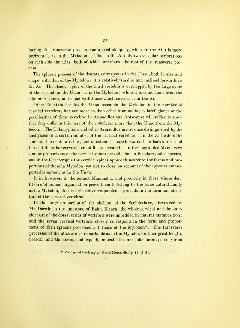 1 57 having the transverse process compressed obUquely, whilst in the Ai it is more horizontal, as in the Mylodon. I find in the Ai only two vascular perforations on each side the atlas, both of which are above the root of the transverse pro- cess. The spinous process of the dentata corresponds in the Unau, both in size and shape, with that of the Mylodon ; it is relatively smaller and inclined forwards in the Ai. The slender spine of the third vertebra is overlapped by the large spine of the second in the Unau, as in the Mylodon; while it is equidistant from the adjoining spines, and equal with those which succeed it in the Ai. Other Edentata besides the Unau resemble the Mylodon in the number of cervical vertebrae, but not more so than other Mammalia; a brief glance at the peculiarities of these vertebrae in Armadillos and Ant-eaters will suffice to show that they differ in this part of their skeleton more than the Unau from the My- lodon. The Chlamyphore and other Armadillos are at once distinguished by the anchylosis of a certain number of the cervical vertebrae. In the Ant-eaters the spine of the dentata is low, and is extended more forwards than backwards, and those of the other cervicals are still less elevated. In the long-tailed Manis very similar proportions of the cervical spines prevail; but in the short-tailed species, and in the Orycteropus the cervical spines approach nearer to the forms and pro- portions of those in Mylodon, yet not so close, on account of their greater antero- posterior extent, as in the Unau. It is, however, in the extinct Mammalia, and precisely in those whose den- tition and cranial organization prove them to belong to the same natural family as the Mylodon, that the closest correspondence prevails in the form and struc- ture of the cervical vertebrae. In the large proportion of the skeleton of the Scelidothere, discovered by Mr. Darwin in the limestone of Bahia Blanca, the whole cervical and the ante- rior part of the dorsal series of vertebrae were imbedded in natural juxtaposition ; and the seven cervical vertebrae closely correspond in the form and propor- tions of their spinous processes with those of the Mylodon*. The transverse processes of the atlas are as remarkable as in the Mylodon for their great length, breadth and thickness, and equally indicate the muscular forces passing from * Zoology of the Beagle, ' Fossil Mammalia/ p. 84. pi. 24. H