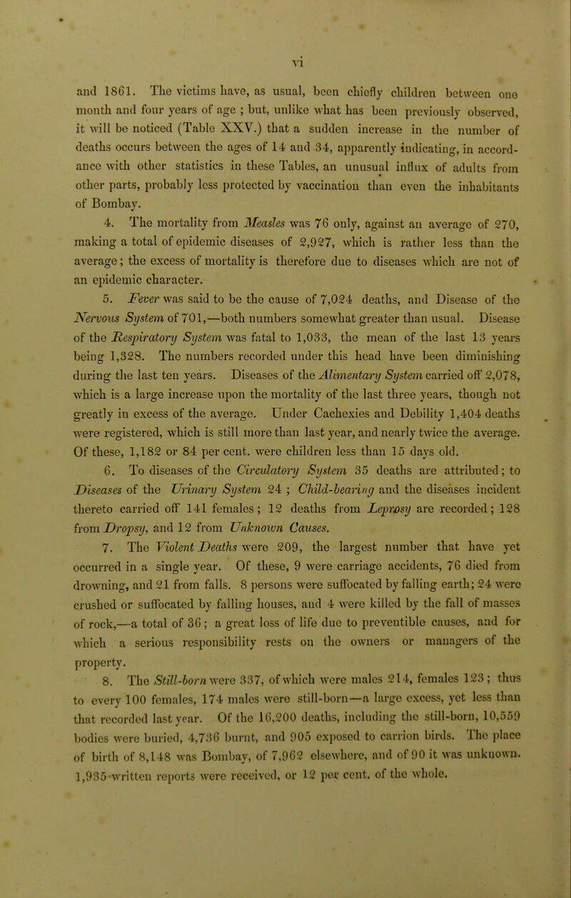 and 1861. The victims have, as usual, been chiefly children between one month and four years of age ; but, unlike what has been previously observed, it will be noticed (Table XXV.) that a sudden increase in the number of deaths occurs between the ages of 14 and 34, apparently indicating, in accord- ance with other statistics in these Tables, an unusual influx of adults from other parts, probably less protected by vaccination than even the inhabitants of Bombay. 4. The mortality from Measles was 76 only, against an average of 270, making a total of epidemic diseases of 2,927, which is rather less than the average; the excess of mortality is therefore due to diseases which are not of an epidemic character. 5. Fever was said to be the cause of 7,024 deaths, and Disease of the Nervous System of 701,—both numbers somewhat greater than usual. Disease of the Respiratory System was fatal to 1,033, the mean of the last 13 years being 1,328. The numbers recorded under this head have been diminishing during the last ten years. Diseases of the Alimentary System carried off1 2,078, which is a large increase upon the mortality of the last three years, though not greatly in excess of the average. Under Cachexies and Debility 1,404 deaths were registered, which is still more than last year, and nearly twice the average. Of these, 1,182 or 84 per cent, were children less than 15 days old. 6. To diseases of the Circulatory System 35 deaths are attributed; to Diseases of the Urinary System 24 ; Child-bearing and the diseases incident thereto carried off 141 females; 12 deaths from Lepwsy are recorded; 128 from Dropsy, and 12 from Unknown Causes. 7. The Violent Deaths were 209, the largest number that have yet occurred in a single year. Of these, 9 were carriage accidents, 76 died from drowning, and 21 from falls. 8 persons were suffocated by falling earth; 24 were crushed or suffocated by falling houses, and 4 were killed by the fall of masses of rock,—a total of 36 ; a great loss of life due to preventible causes, and for which a serious responsibility rests on the owners or managers of the property. 8. The Still-born were 337, of which were males 214, females 123 ; thus to every 100 females, 174 males were still-born—a large excess, yet less than that recorded last year. Of the 16,200 deaths, including the still-born, 10,559 bodies were buried, 4,736 burnt, and 905 exposed to carrion birds. The place of birth of 8,148 was Bombay, of 7,962 elsewhere, and of 90 it was unknown. 1,935-written reports were received, or 12 per cent, of the whole.