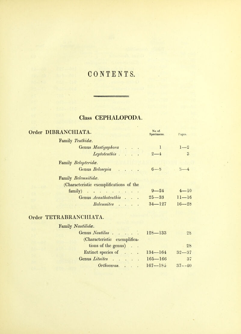 CONTENTS Class CEPHALOPODA. Order DIBRANCHIATA. Family Teuthida. Genus Mastigophora Leptoteuthis .... Family Belopterida. Genus Belosepia .... Family Belemnitida, (Characteristic exemplifications of the No of. Specimens. 1 2—4 6—8 Pages. 1—2 3 8—4 9- -24 4—10 Genus Acanthoteuthis . 25- -33 11—16 Belemnites . 34- -127 16—28 Order TETRABRANCHIATA. Family Nautilida. Genus Nautilus (Characteristic exemplifica- tions of the genus) Extinct species of . . . Genus Lituites Orthoceras. 128—133 134—164 165—166 167—185 28 28 32—37 37 37--40